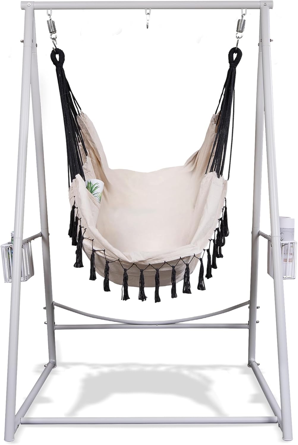 YOXIFOC Reinforced Base & Triangular Structure Hammock Stand with 2 Storage Baskets, Swing Stand with 3 Hooks Fit for Most Hanging Chair for Oudoor&Indoor (with Chair) (White)