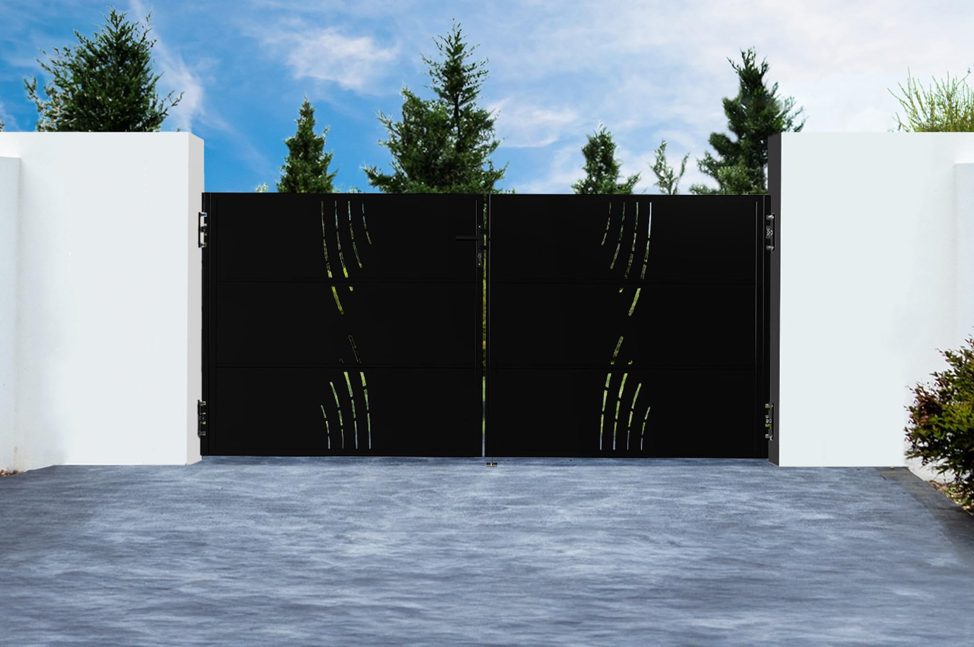 Casanoov Portail battant acier galvanisé 293 x 140 cm noir mat - NALI VELETA design motif nature 2 vantaux ouverture large sécurisée compatible motorisation kit complet durable intempéries