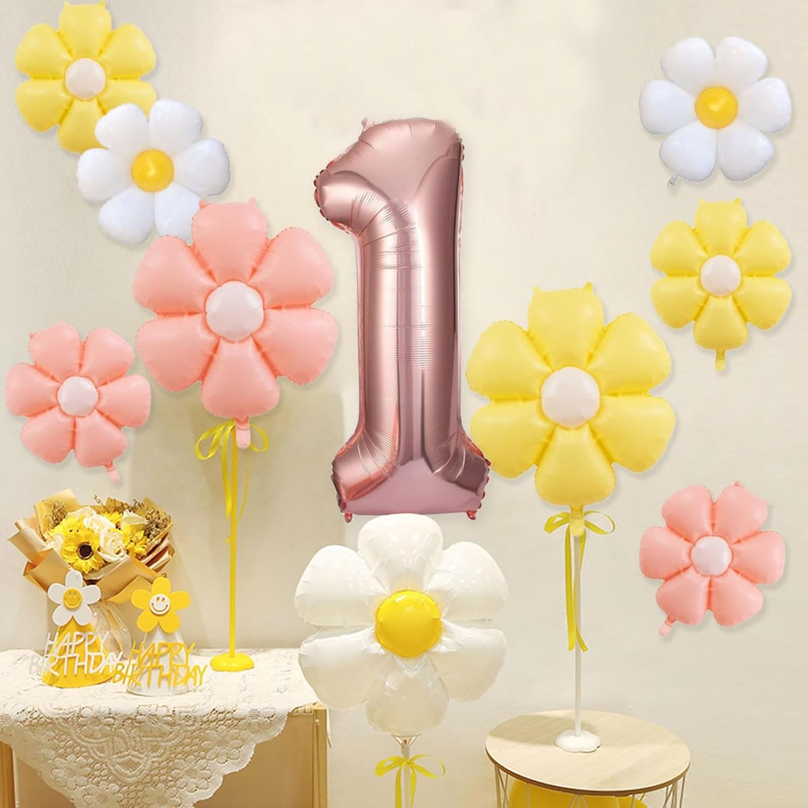 Grande Sculpture De Ballon D'anniversaire Marguerite De 55 Pouces, Pile De Ballons Marguerite, Kit De Bricolage, Sans Hélium, Anniversaire De Filles, Ballons Roses, 1er Anniversaire - France