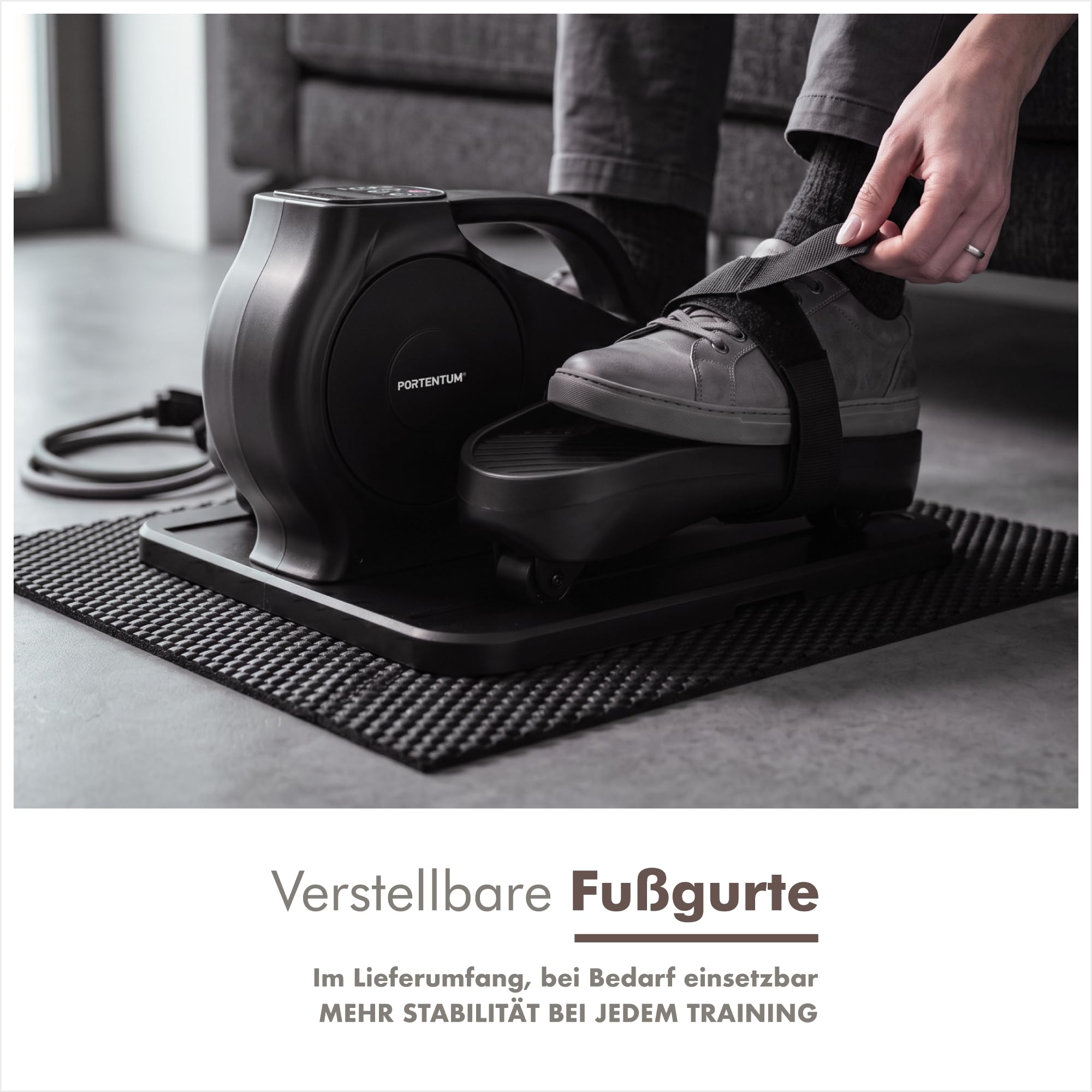 PORTENTUM Mini Ellipsentrainer elektrisch mit Widerstandsbändern – Matte und Schlaufen – Pedaltrainer für Senioren automatisch und manuell mit 12 Geschwindigkeiten – Fernbedienung – Kompakt für Büro