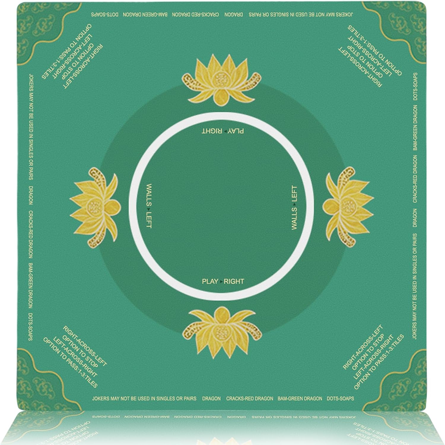 Premium Mahjong Mat with Rules - 3.8mm Thickened Noise Reduction Mahjong Mat for Table, 31.5x31.5 Inch Non-Slip Table Mat for Poker Card Board & Tile Games, Dominoes, Green Emerald Green