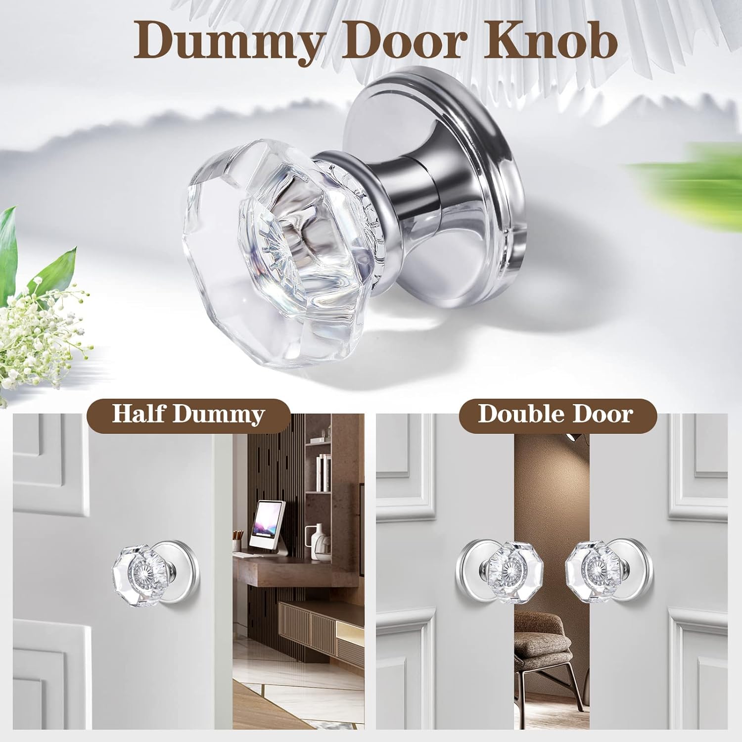 2 Pack Crystal Dummy Door Knobs, Non-Turning Single Side Dummy Door Knob, Polished Chrome
