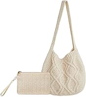 Clysee Crochet Tote Bag for Women with Wristlet Wallet - Bohemian Beach Shoulder Bag, Elegant Apricot & Beige Set