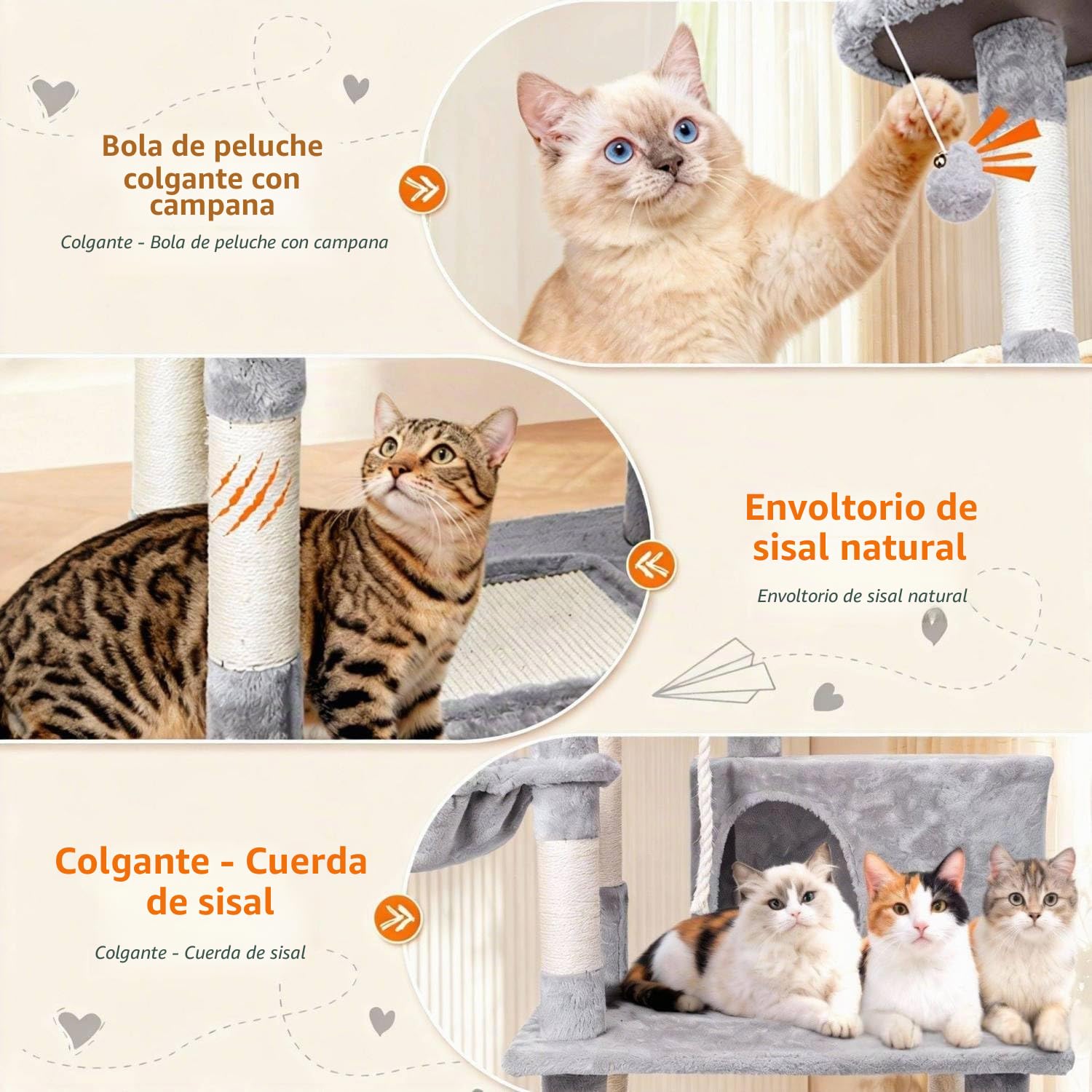 Nobleza Rascador para Gatos Grande 168cm, Arbol Rascador para Gatos con 9 Postes de Sisal, 2 Nidos, Hamaca y Pompón, Gris