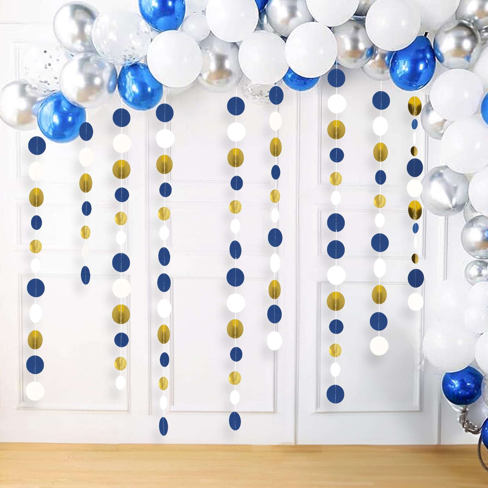 G2PLUS Gold Blue White Reflective Paper Garland, 16M Mirror Circle Dots Garlands, Polka Dots Sparkling Hanging Streamer - Image 2