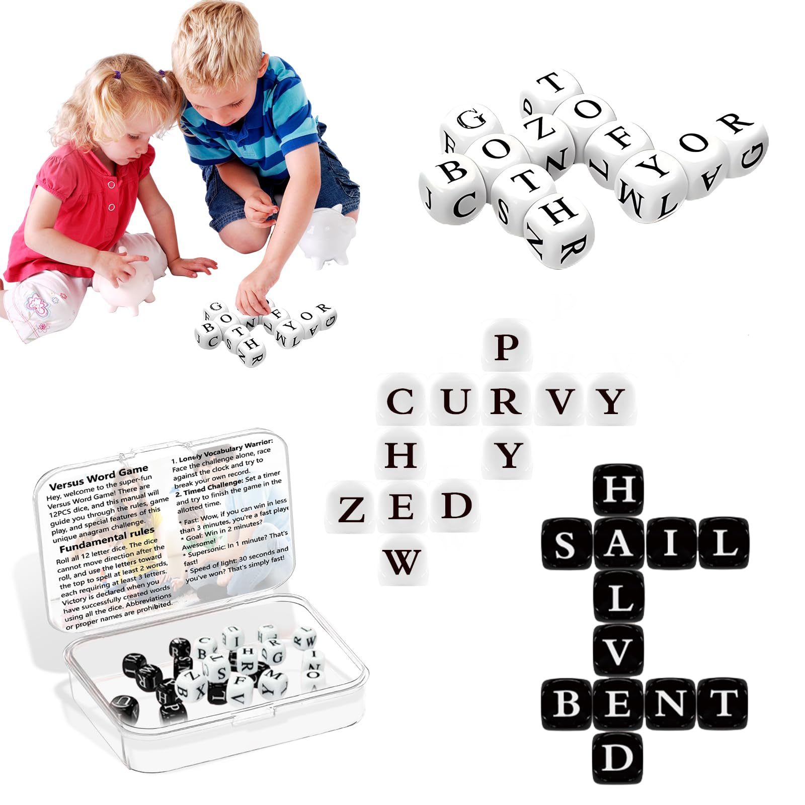 The Crossword Solitaire Game Word Game,Travel Scrabble Fun Fast Family Party Game for Kids Teens Adults,24 Dice Letters Set Qless Crossword Solitaire Dice Game for Camping Family Christmas Party Games
