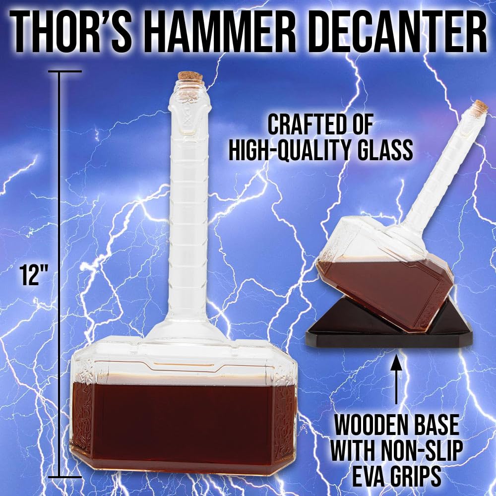 K Exclusive Thor's Hammer Decanter Set | Stunning Quality Glass Construction | Intricate Norse Detailing | Wooden Base with Non-Slip EVA Grips | Hammer Length 12