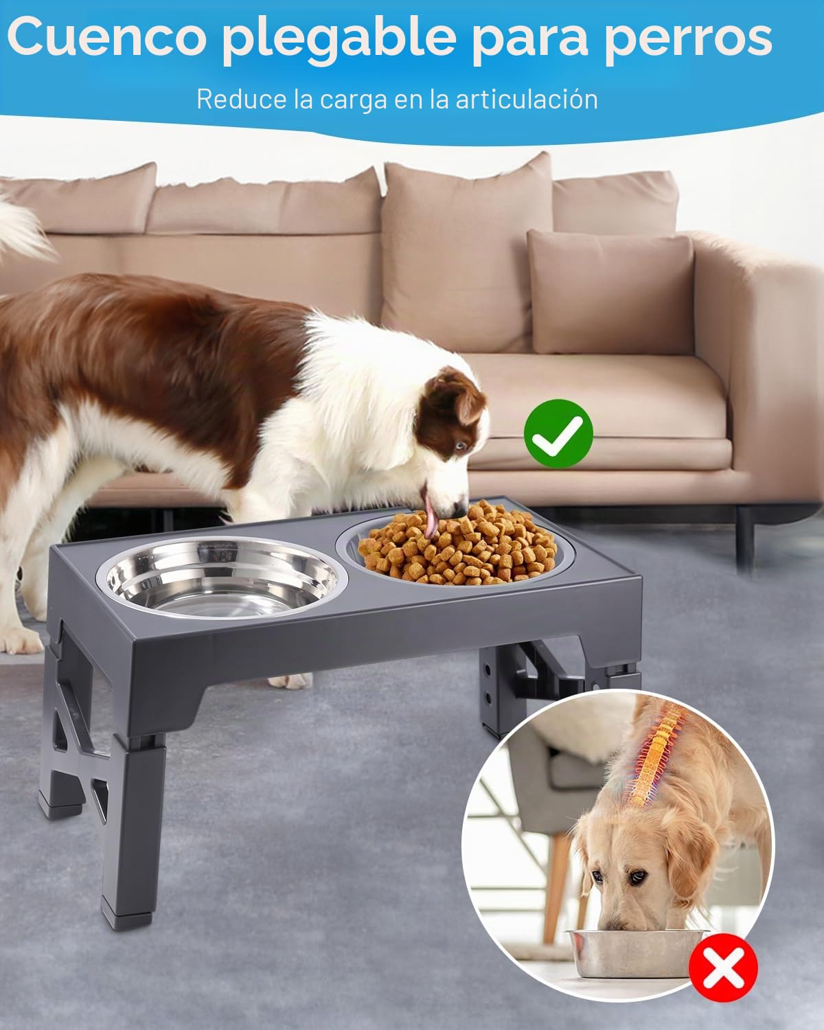 Comedero Elevado para Perro - 5 Alturas Ajustables, 2 Cuencos de Acero Inoxidable, Antivoracidad - para Perros Pequeños, Medianos y Grandes