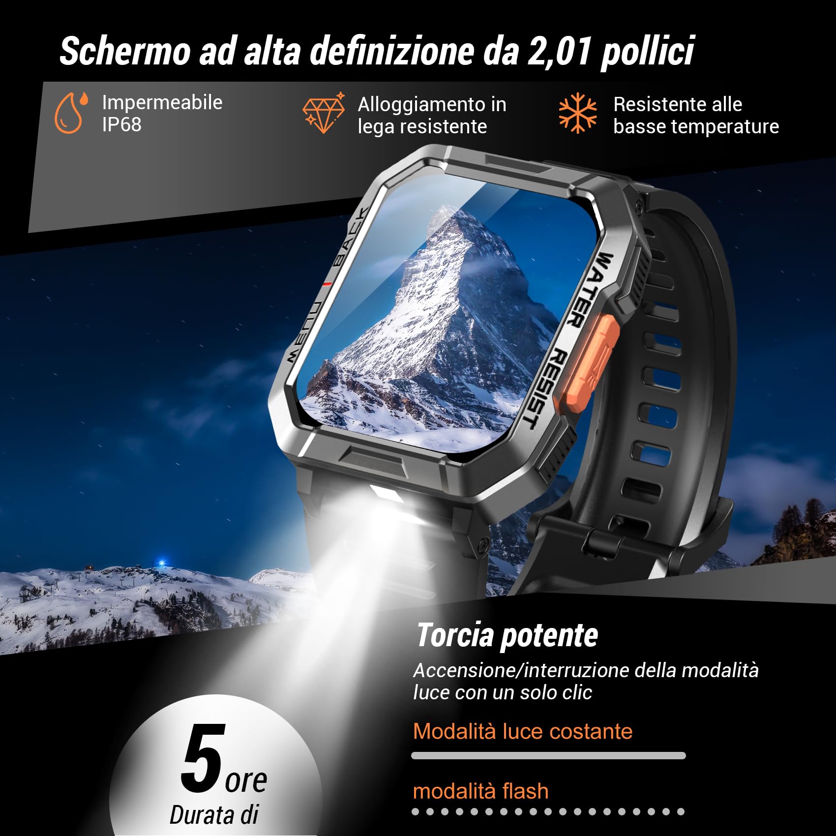 IOWODO Smartwatch Uomo con Chiamate,2.01“ Militari Smart Watch con Torcia/900mAh Batteria/2 Cinturini/Bussola/SpO2/100 Sportive/Cardiofrequenzimetro/Sonno,Orologio Fitness Tracker per iOS/Andriod