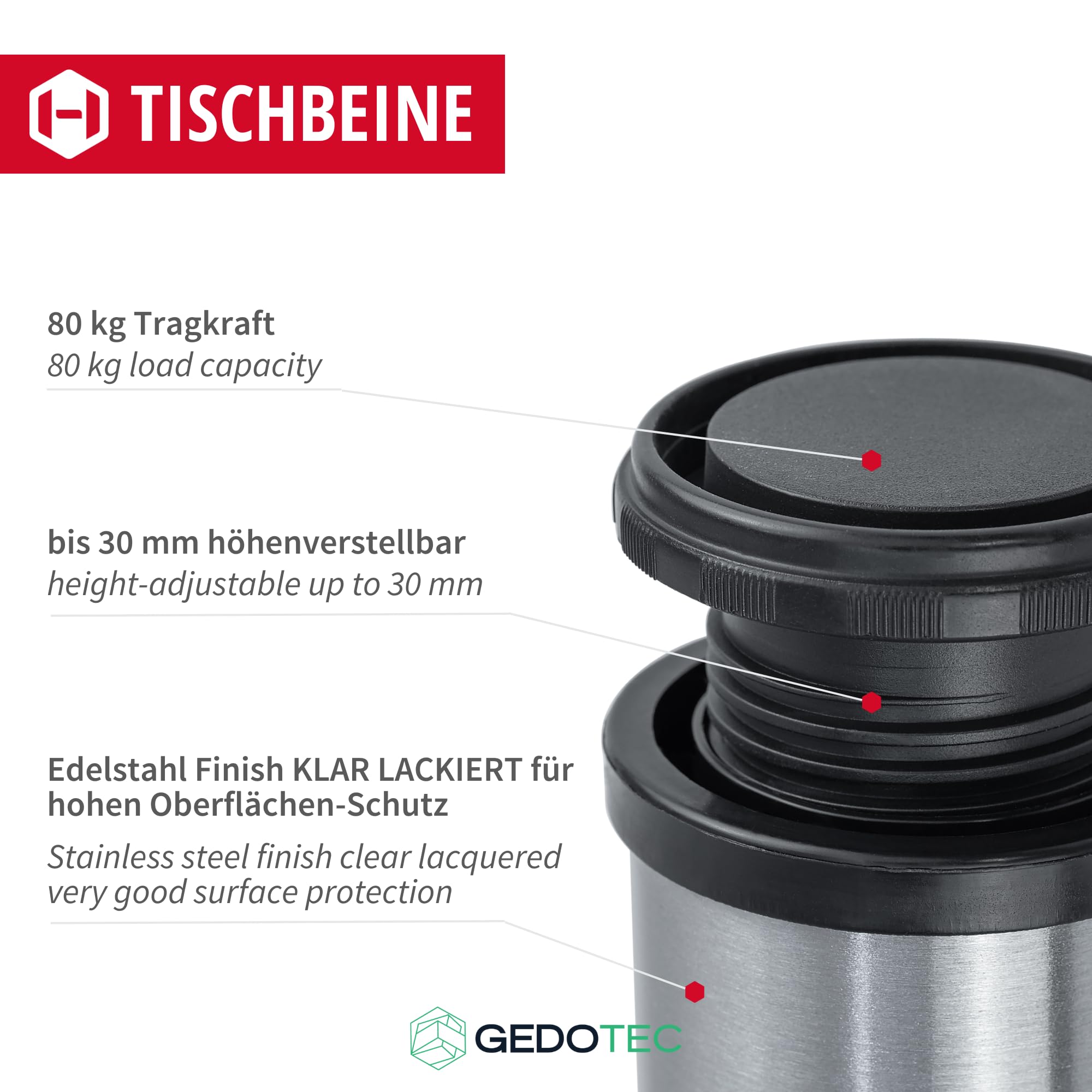 Gedotec Möbelfüße 4X Edelstahl Optik | Ø 60 mm | Tischfüße Höhenverstellbar Höhe 710 mm + 30 mm inkl. Befestigungsmaterial | Tischbeine Metall | Sockelfüße Bodenschoner aus Kunststoff | für Möbel