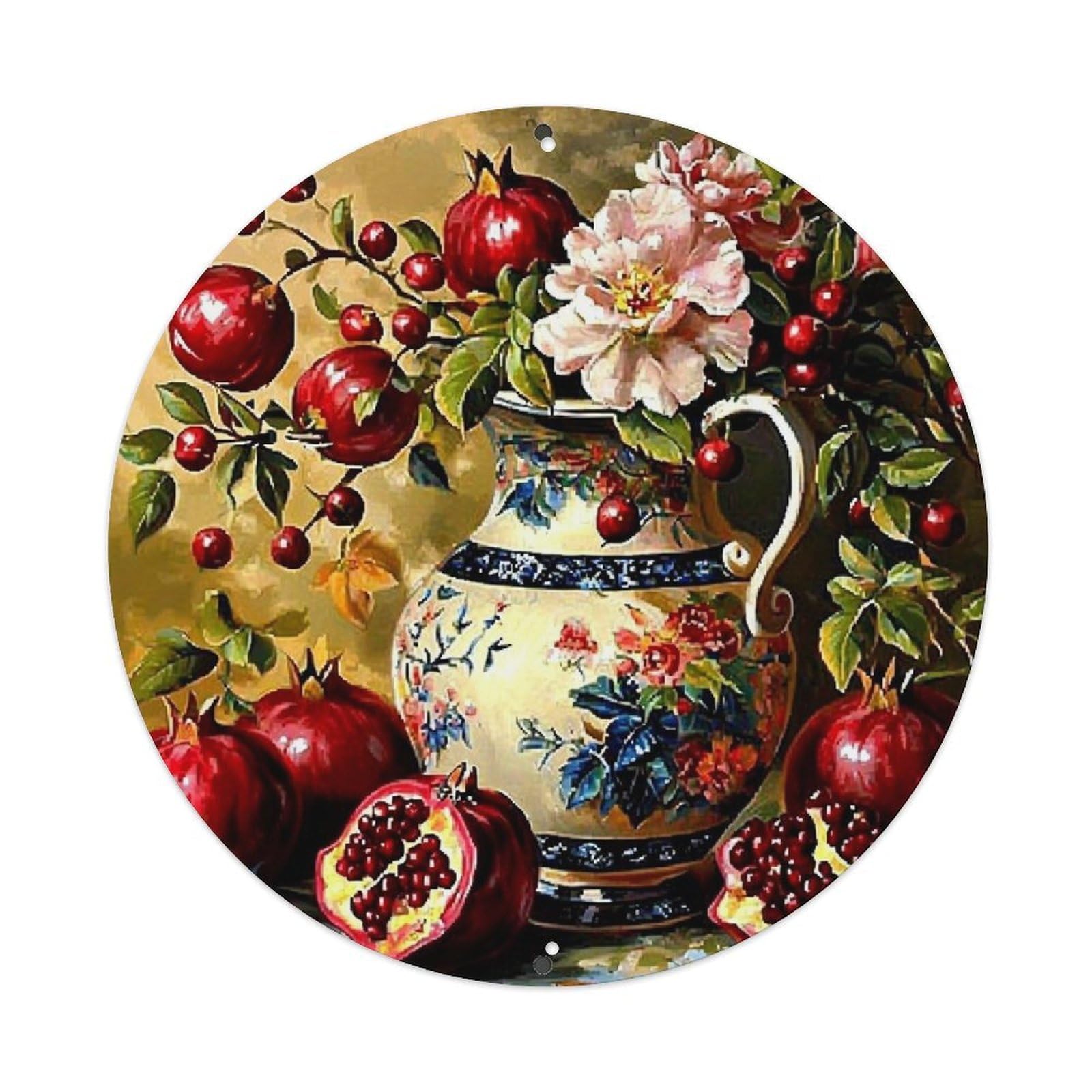 Floral Vase Pomegranate Cherry Blossom Retro Metal Sign Round Tin Sign, Vintage Decor Art Poster for Bar, Home, Man Cave, Kitchen, Laundry Room Gift 8x8Inch