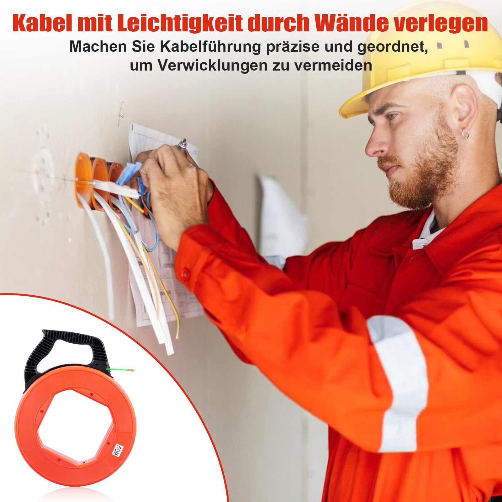 Kabeleinziehhilfe 4,5mm 50m, Einziehspirale 50m, Einziehhilfe für Kabel mit 7 FüHrungsfedern, Kabelziehhilfe mit Kunststoffgehäuse für Elektroarbeiten Telekommunikation Datenverkabelun