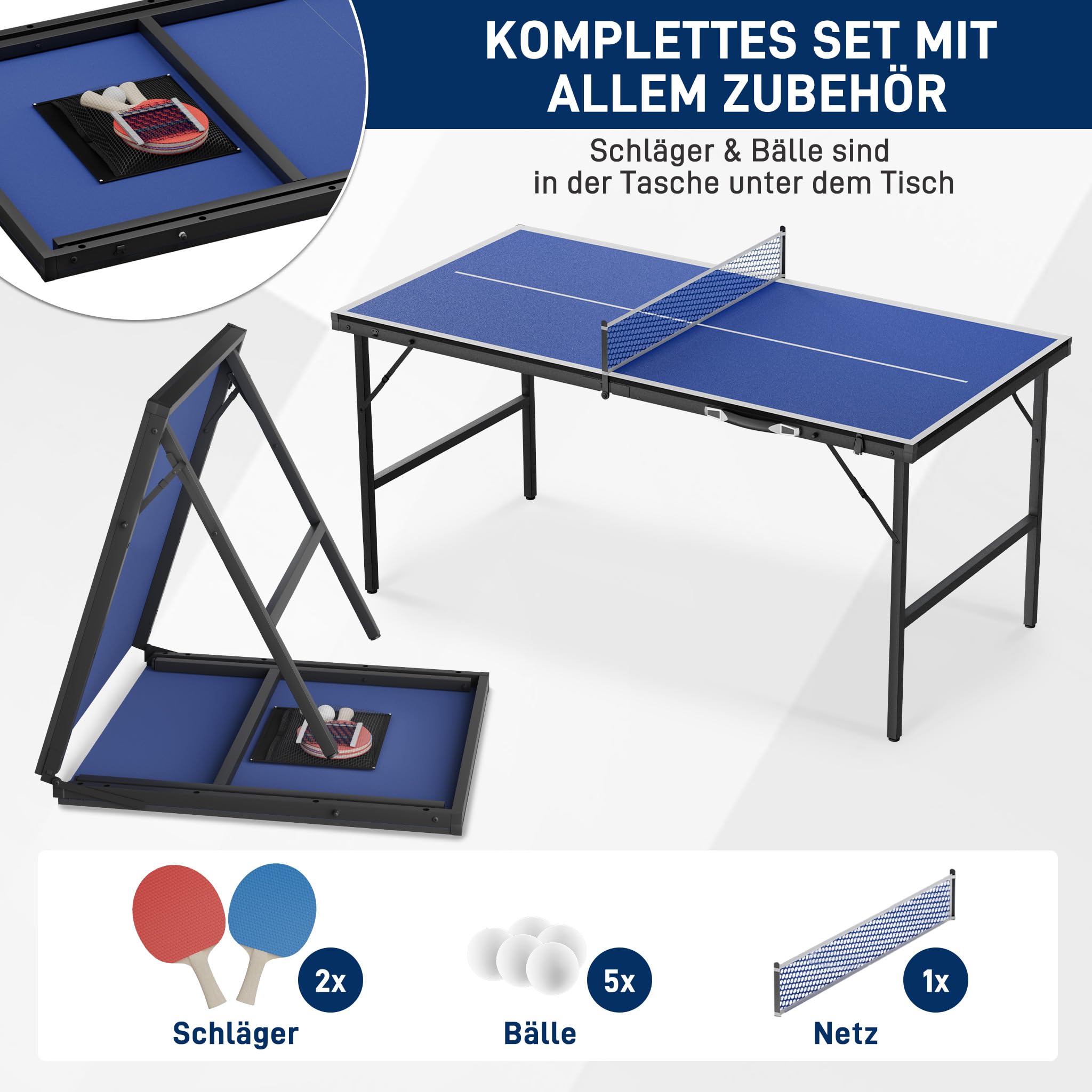 YRHome Tavolo da ping pong, 152,5 x 76 x 71 cm, pieghevole, design a valigetta, con set di 5 palline da ping pong e rete, per casa, ufficio e terrazza, blu/nero