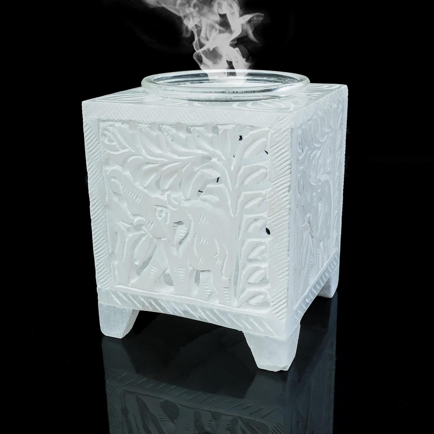 Crocon Marble Bakhoor Burner Incense Burner for Fragrance & Healing Square Charcoal Bakhoor Burner Handmade White Marble & Glass Bakhoor for Home & Living Room Office Decor Size: 2.9X2.9X3.5 Inch