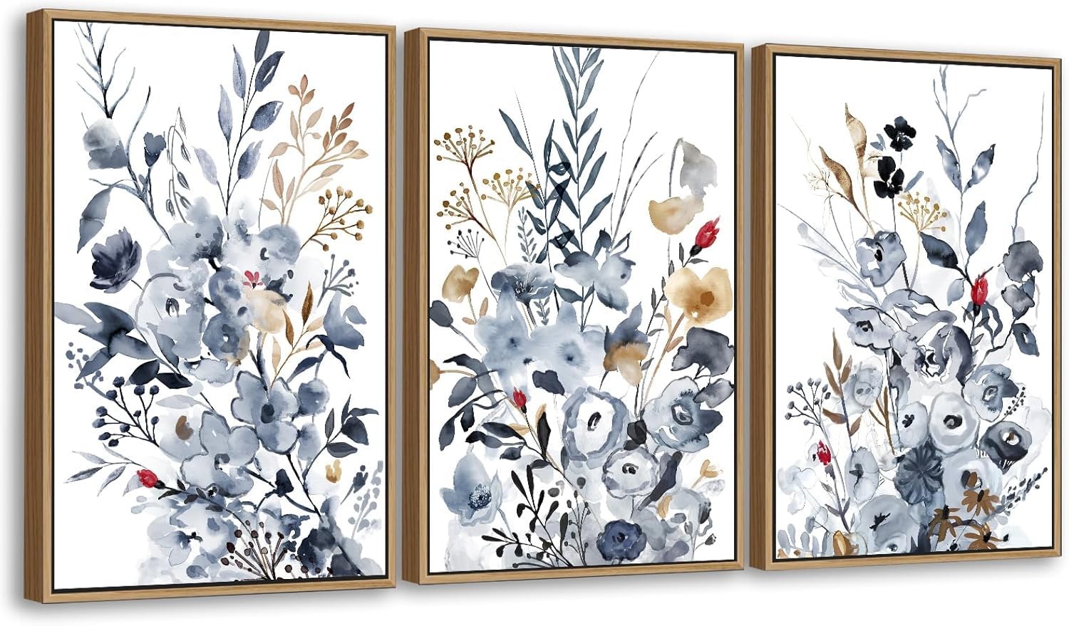 lianyibo Botanical Wall Art - Floral Canvas Pictures Wall Decor Grey Blue Brown Flowers Painting Prints for Living Room Decor(60x90cmx3/Frameless)