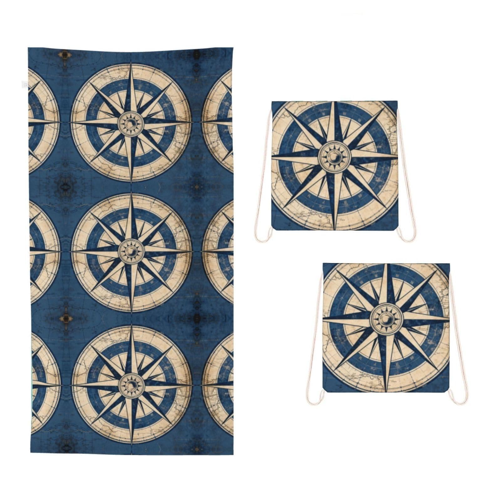 CNTDBU Compass Rose Design 2 in 1 Packable Towel Bag-Large Beach Towel with Stuff Sack, Super Absorbent Microfiber Travel Towel for Pool