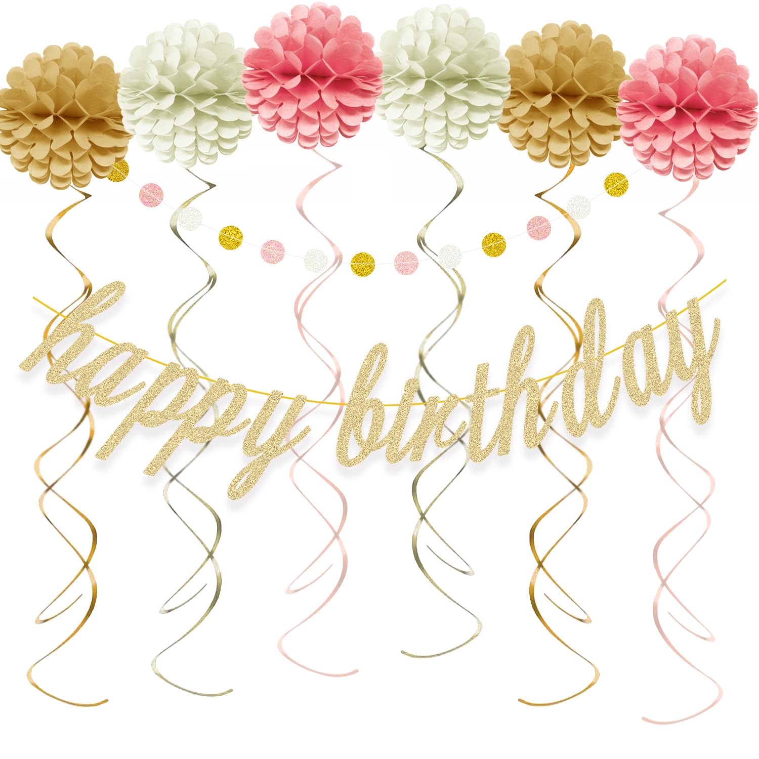 AonorHappy Birthday Decorations - Champagne Gold Happy Birthday Banner Sign, Pom Poms Flowers, Glittery Circle Dots Garland and Hanging Swirls for Girls Women Birthday Party Decorations
