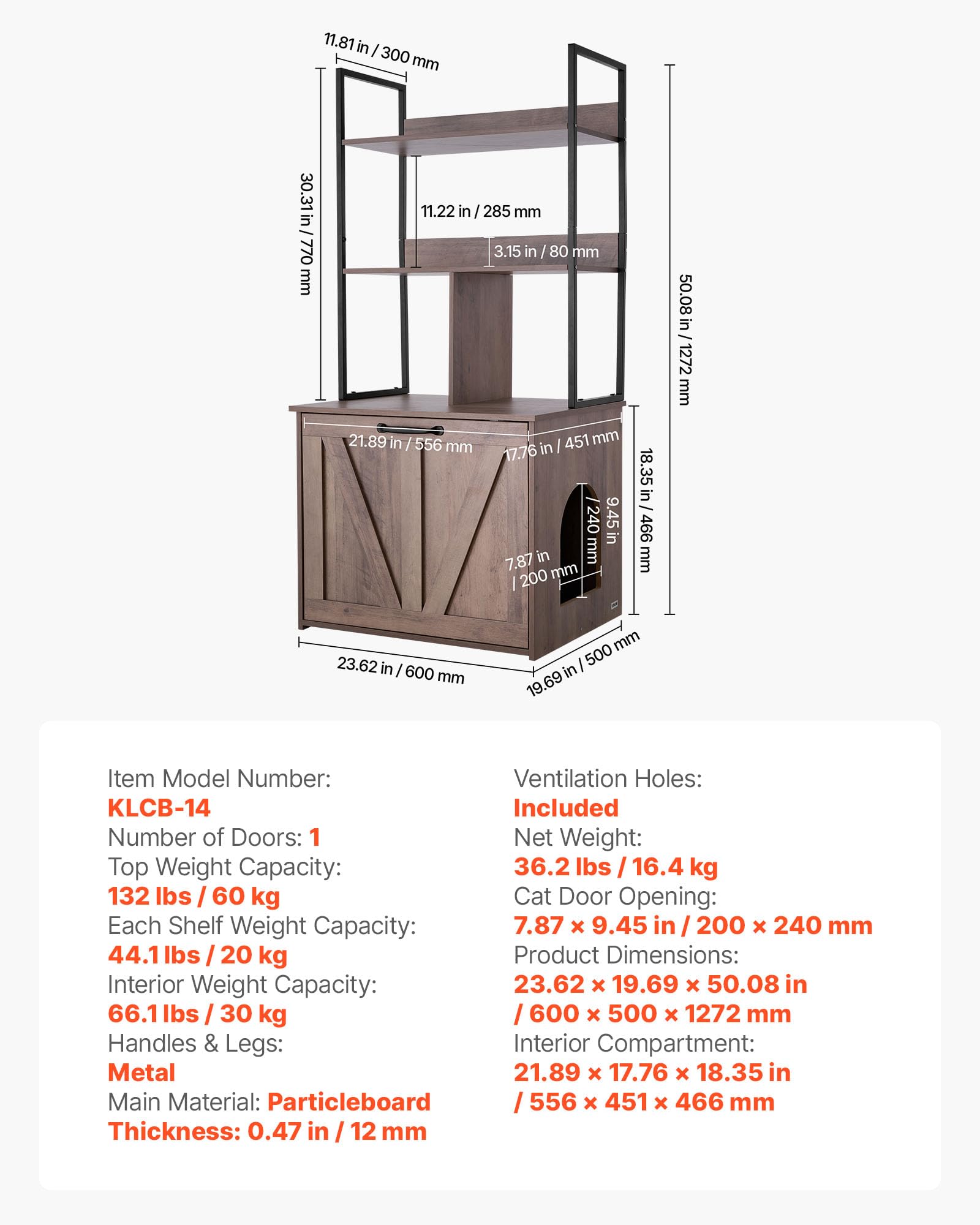VEVOR Meuble Litière pour Chat 60x50x127,2 cm, Cache-Litière pour Chat avec Étagères de Rangement pour Salon, Entrée Latérale, Table d'Appoint Imperméable, Capacité de Charge 60 kg, Style Moderne