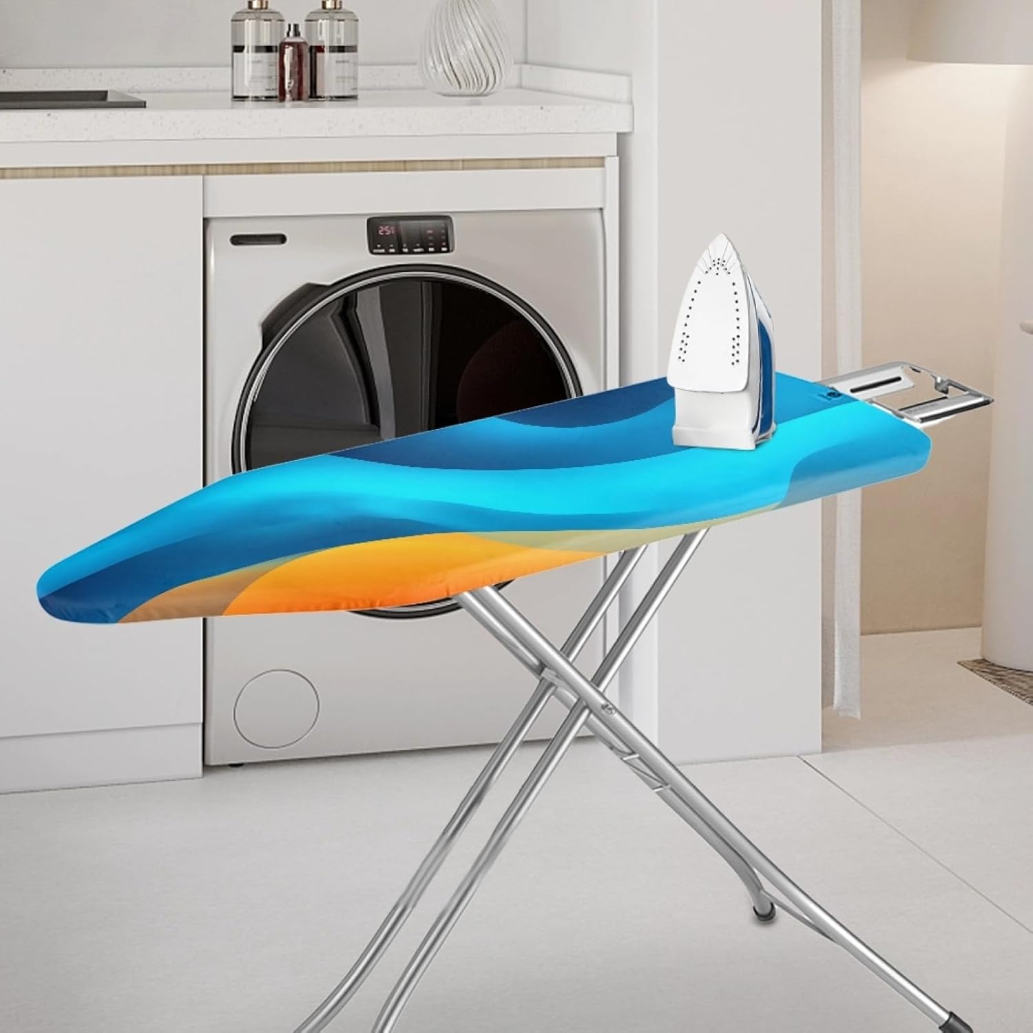 Iron Board Cover with Padding Standard Size Blue Orange Wave Padded Ironing Board Covers 15x54 Heat Reflective Extra Thick Wide Non Stick Scorch and Stain Resistant Heatproof