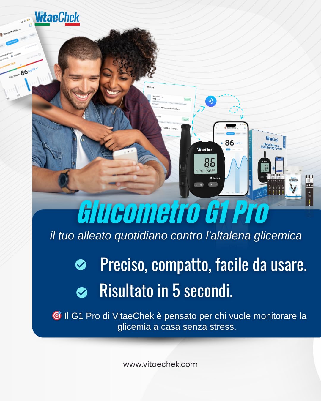 G1 Pro misuratore glicemia bluetooth, Glucometro con 50 strisce GDH-FAD e 50 lancette, misura glicemia rapida e precisa, facile da usare, ideale per diabete tipo 1, 2 e gestazionale, mg/dL