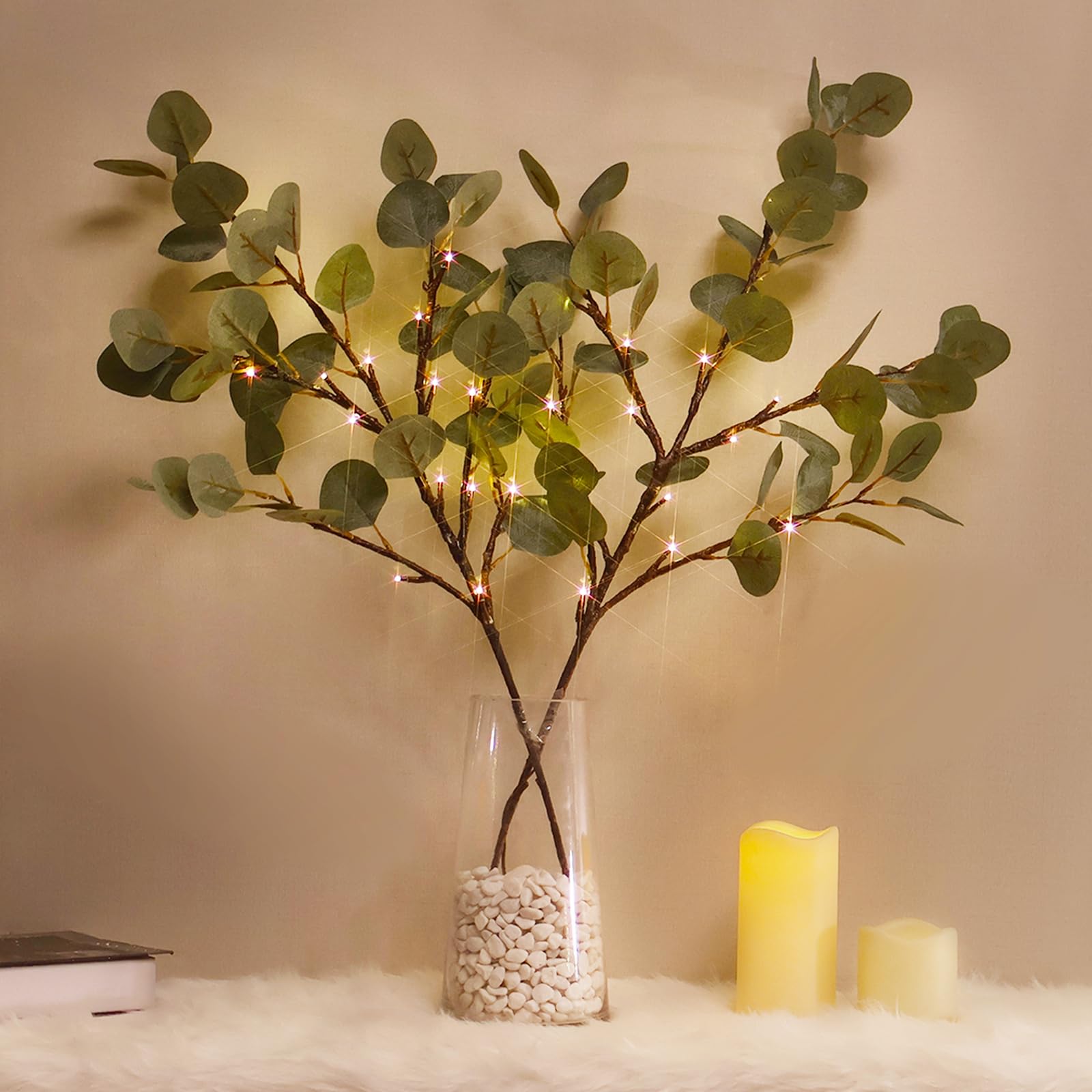 Lighted Eucalyptus Branches, 32 Inch Branches with 32 LED Lights, Battery Powered Eucalyptus Branches for Vases, Prelit Tree Braches for Home Wedding