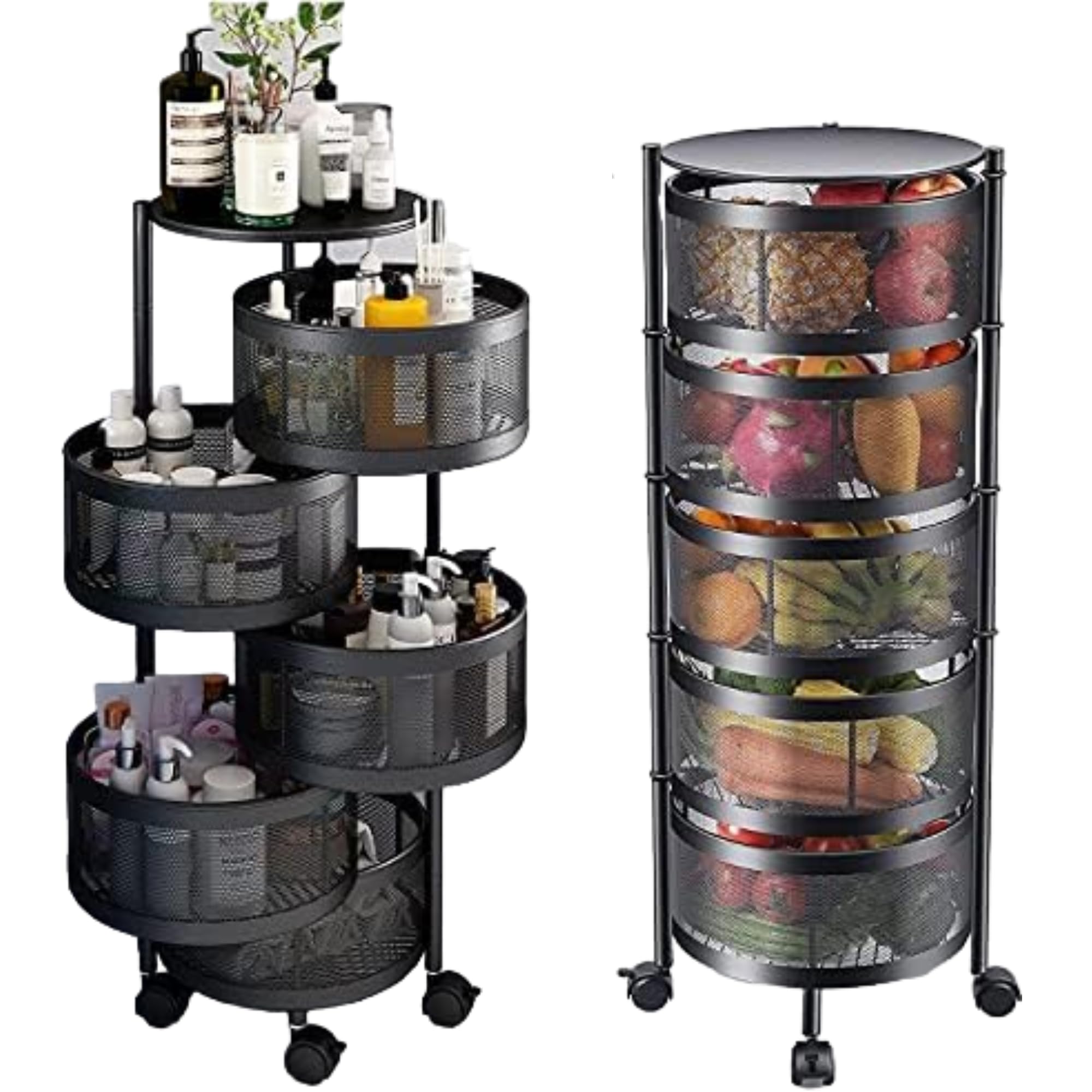 Multi layer Kitchen Organizer - Kitchen Storage Shelf, Round Steel Rotating with 4 Movable Wheels, Storage for Fruit and Vegetable, layer (5 Layers) (1, Round)