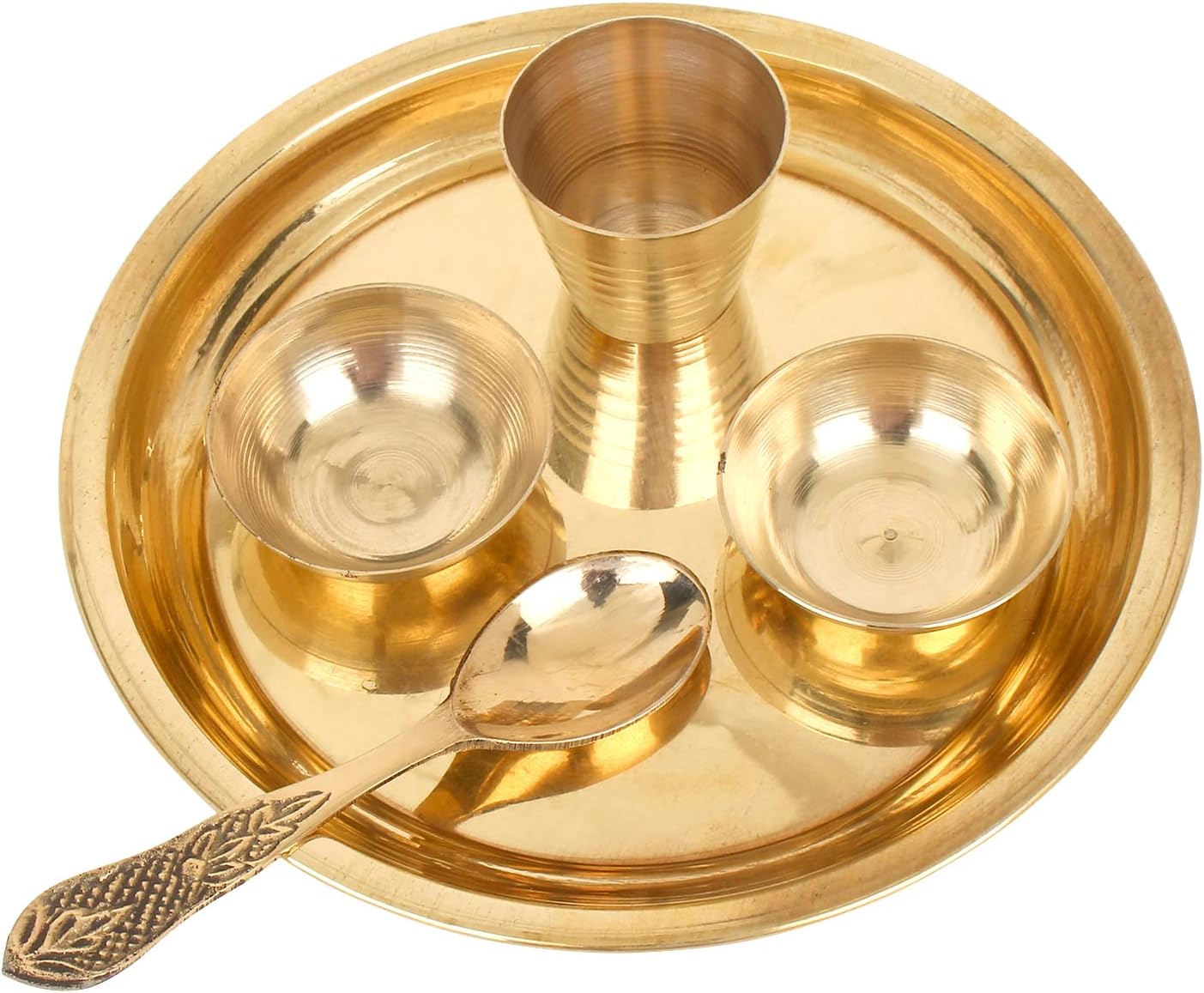 Crafts of IndiaPrasad Bhog Thali Indian Hindu God Rituals Puja Plate. Set of 4 Pieces, (Plate, Katori, Glass, Spoon) for Offering Bhog Prasad to Thakur Ji