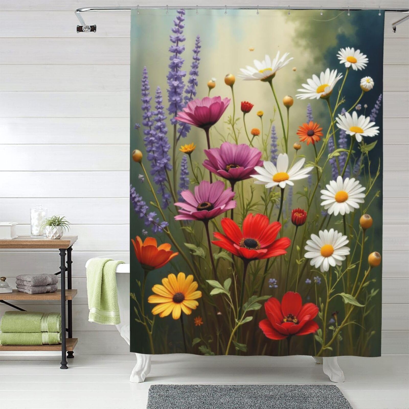Rideau de douche en tissu 152x183 cm floral coloré opaque avec crochets
