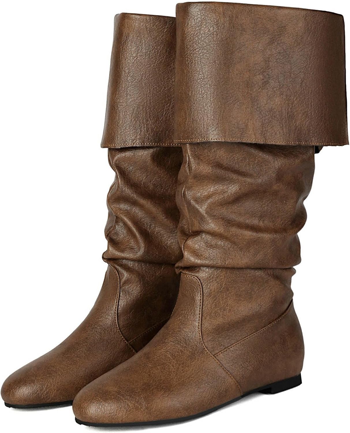Betastella Womens Costume Pirate Boots Fold Over Slouch Knee High Flat Boots Medieval Renaissance Vintage Halloween Cosplay Shoes