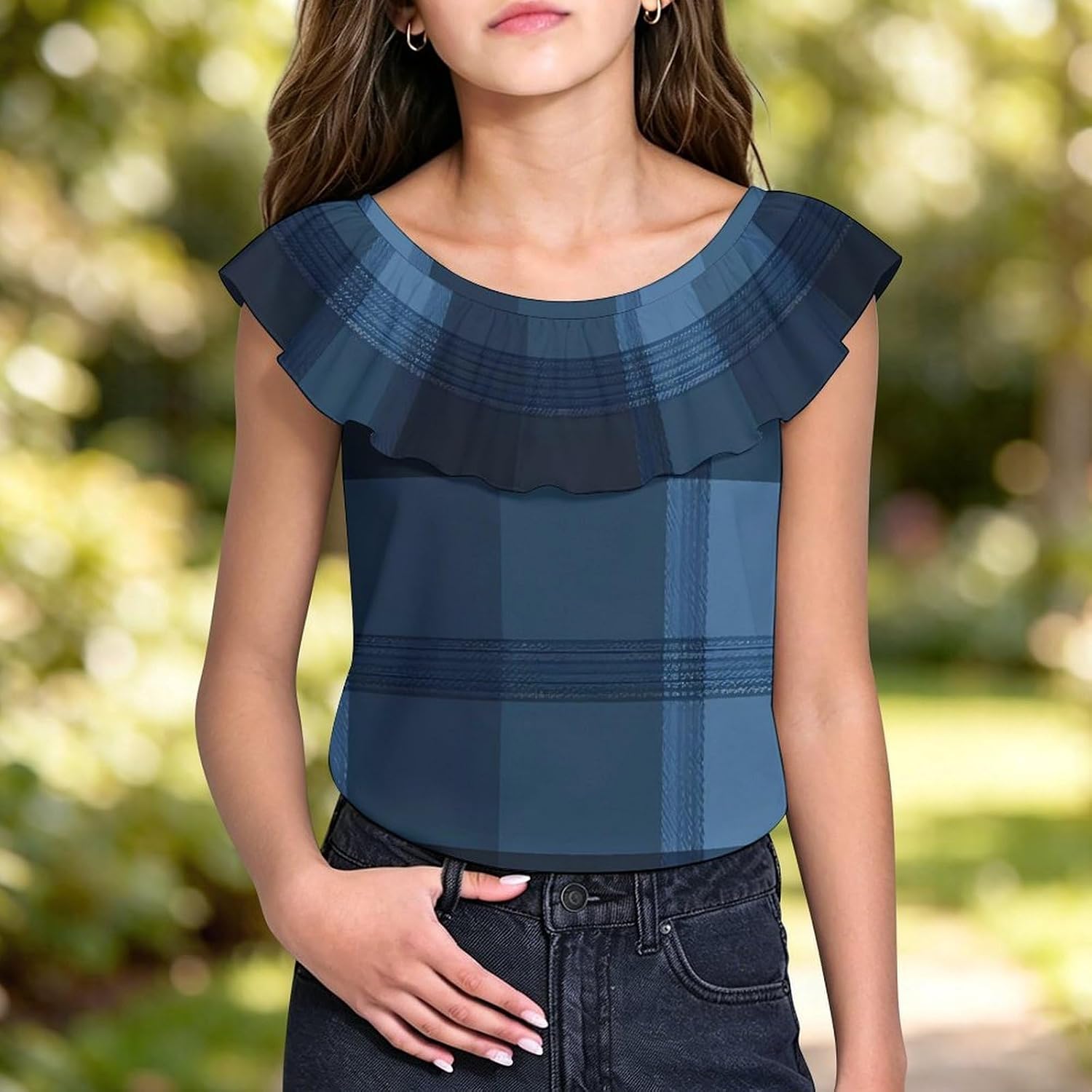 Blue Tartan Plaid Pattern Girls T-Shirts Top Ruffle Short Sleeve Blouse Casual Graphic Tees