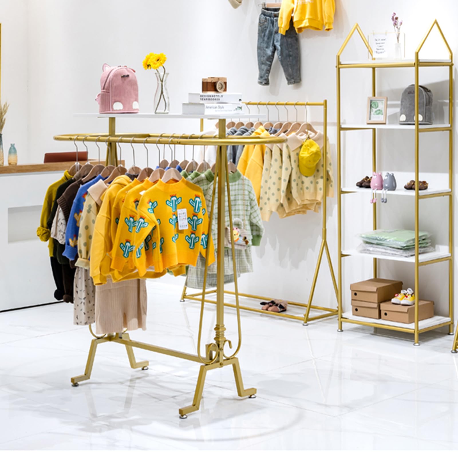 Condition photo showing New/Like New for Round Clothing Rack, Commercial Floor Standing Clothes Hanging Rack, Oval Iron Clothing Hanging Rack, for Bedrooms Hanging Apparel, Boutiques Display, Laundry Room (Gold)