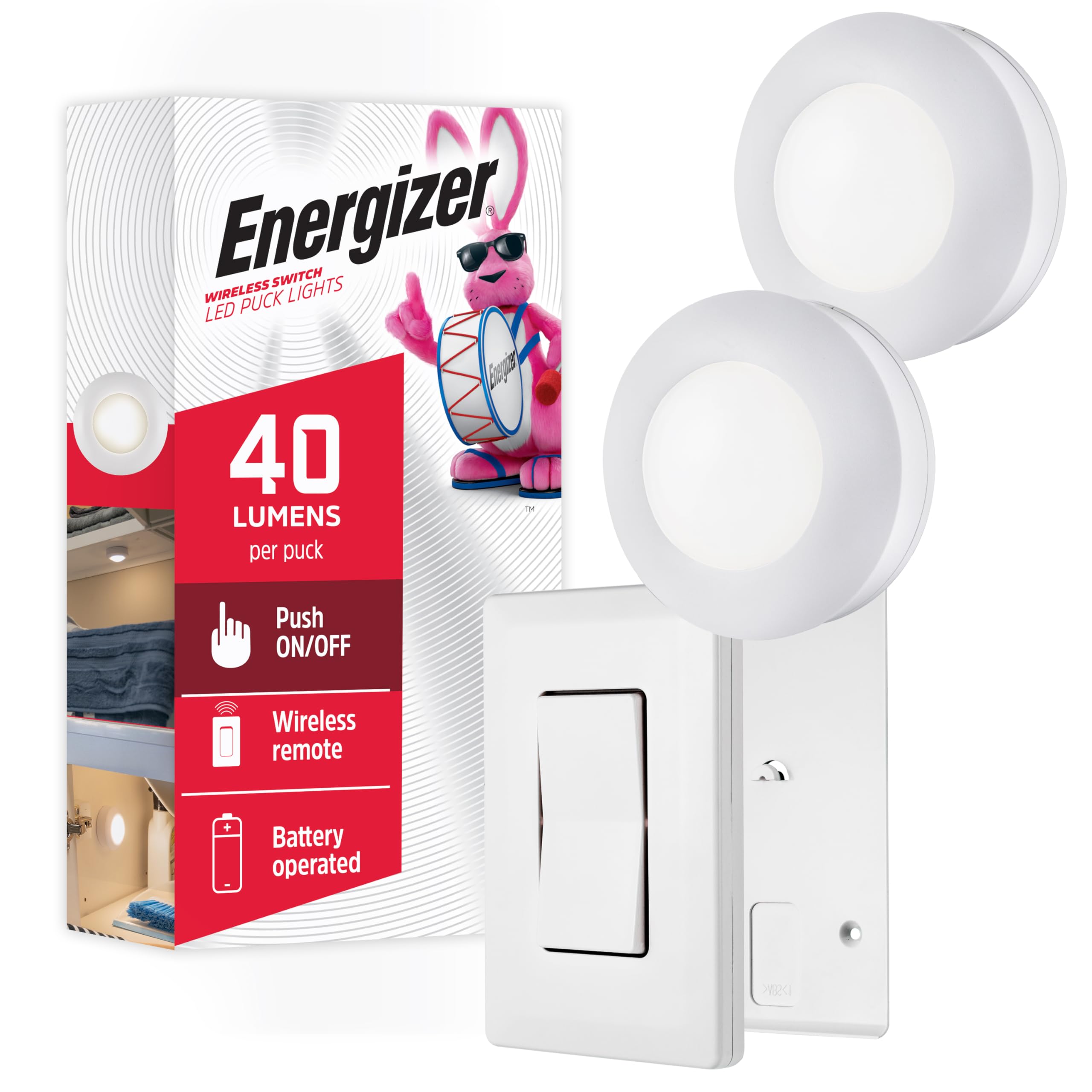 Energizer LED Puck Lights, Wall Switch Remote, 2 Pack, Battery