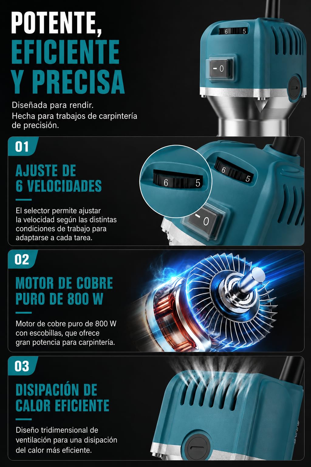 VOBOR Fresadora de Madera Rebajadora Eléctrica, 800W 30000 RPM Fresadora de Mano con 6 Velocidades Variables, 15 piezas 1/4'' Alicates, Pinza De Base Fija De 6/6.35MM