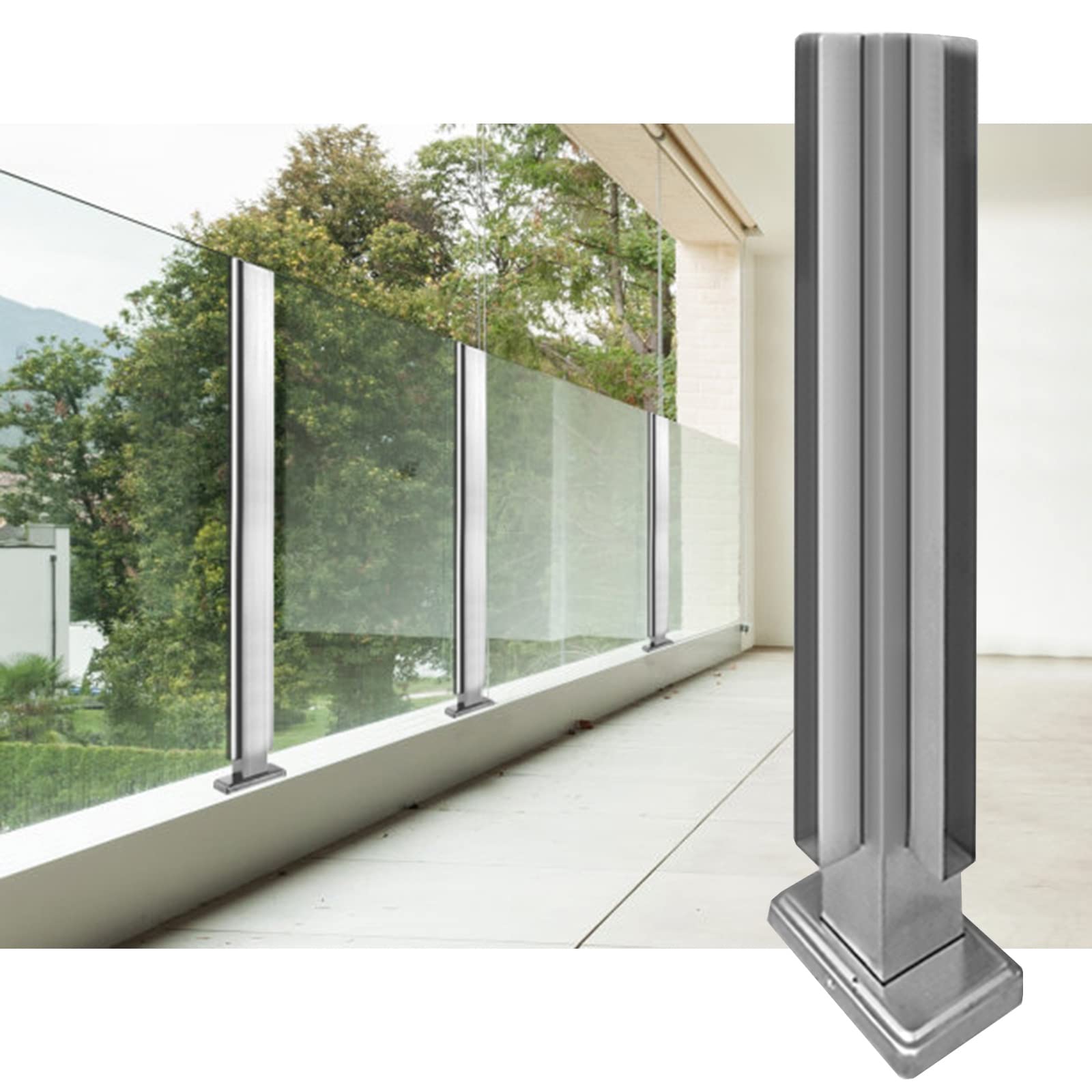 Klemmstange für Glaszäune für Verandas, robuste Zapfenklemme für Glaszäune, Edelstahl, kein Stanzen, wetterfestes Glasgeländer, quadratisch, Eckpfosten, 60 cm