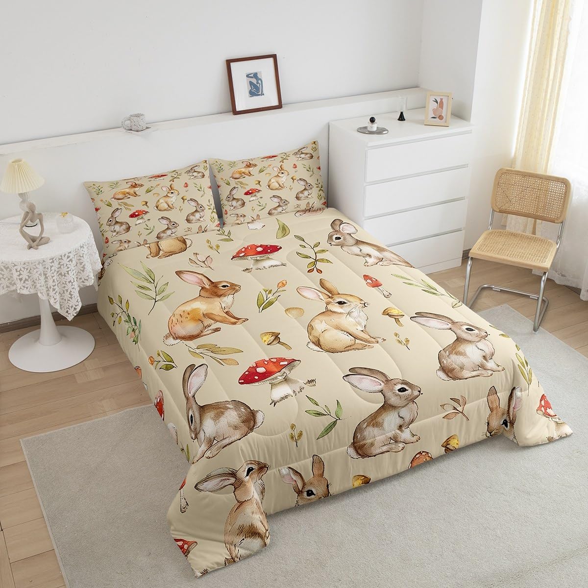 Feelyou Cute Bunny Bedding Set Cartoon Rabbit Comforter Set for Kids Boys Girls Red Mushrooms Quilt Set Colorful Eggs Duvet Quilt with 2 Pillowcases 3Pcs Bedding Full