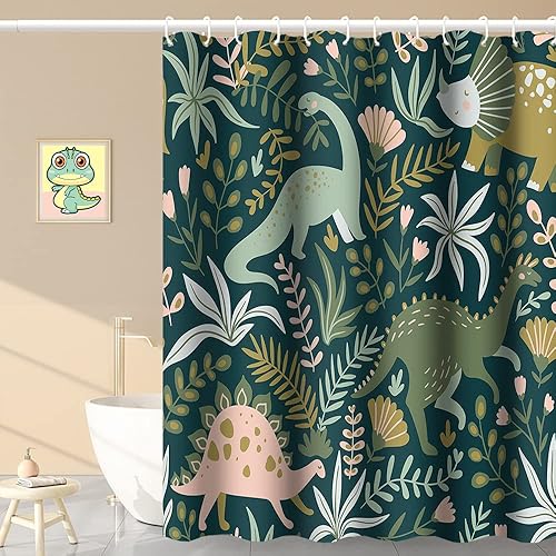 Miniatura 62 de Cortina de ducha de baño con temática de dinosaurio, cortina de ducha de hojas tropicales de dinosaurio verde con ganchos, cortina de ducha de tela