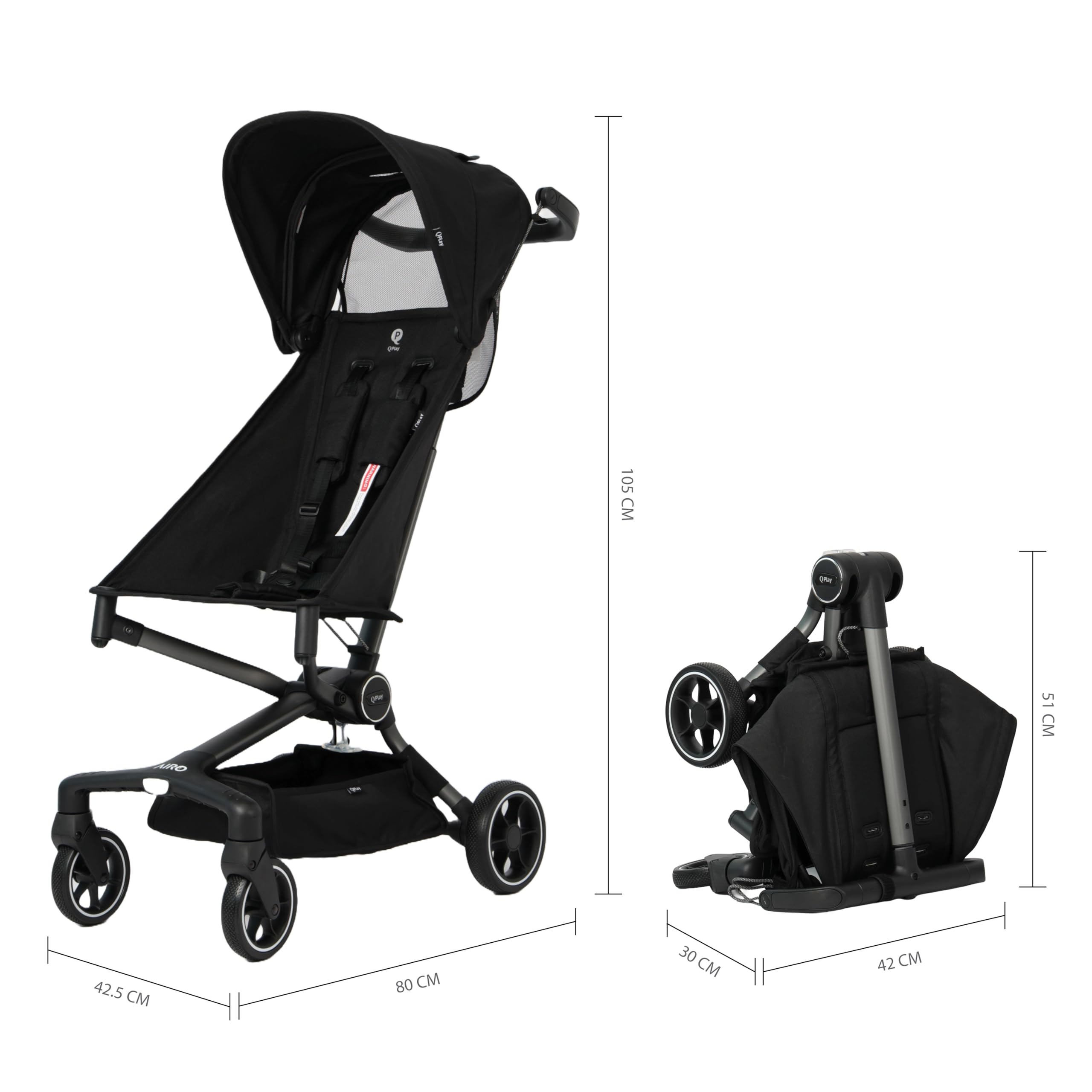 Qplay Airo Kinderwagen, leicht, faltbar, für Reisen, ultrakompakt und tragbar, verstellbare Neigung, 5-Punkt-Gurt, One-Touch-Bremse, Sonnendach, ultraleichter Aluminiumrahmen, 6M-4Y, Schwarz