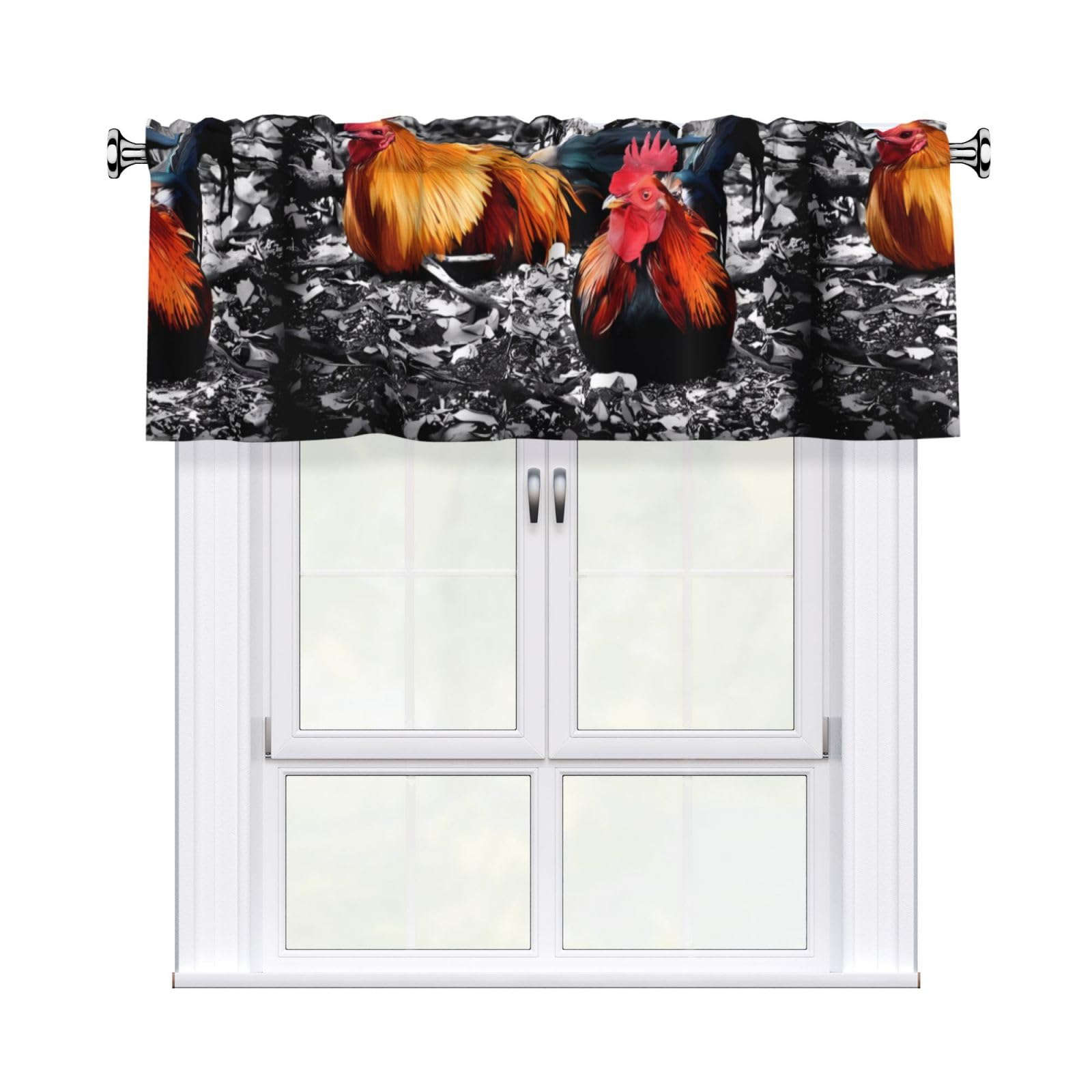 WHJSHOP Chicken Rooster Prints Curtain Valance 54x18in - Peach Skin Kitchen Window Layer, Filtered Light & Quick-Install Rod Pocket Cover