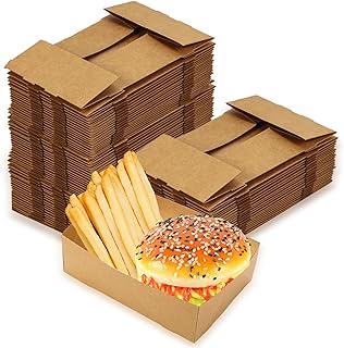 100 Pack Disposable Paper Trays, Rectangular Kraft Containers, Foldable Food Boxes, 4 Corner Pop Up Cardboard Trays for Fast Food, Nacho, Snack, Stadiums, Theaters, Brown