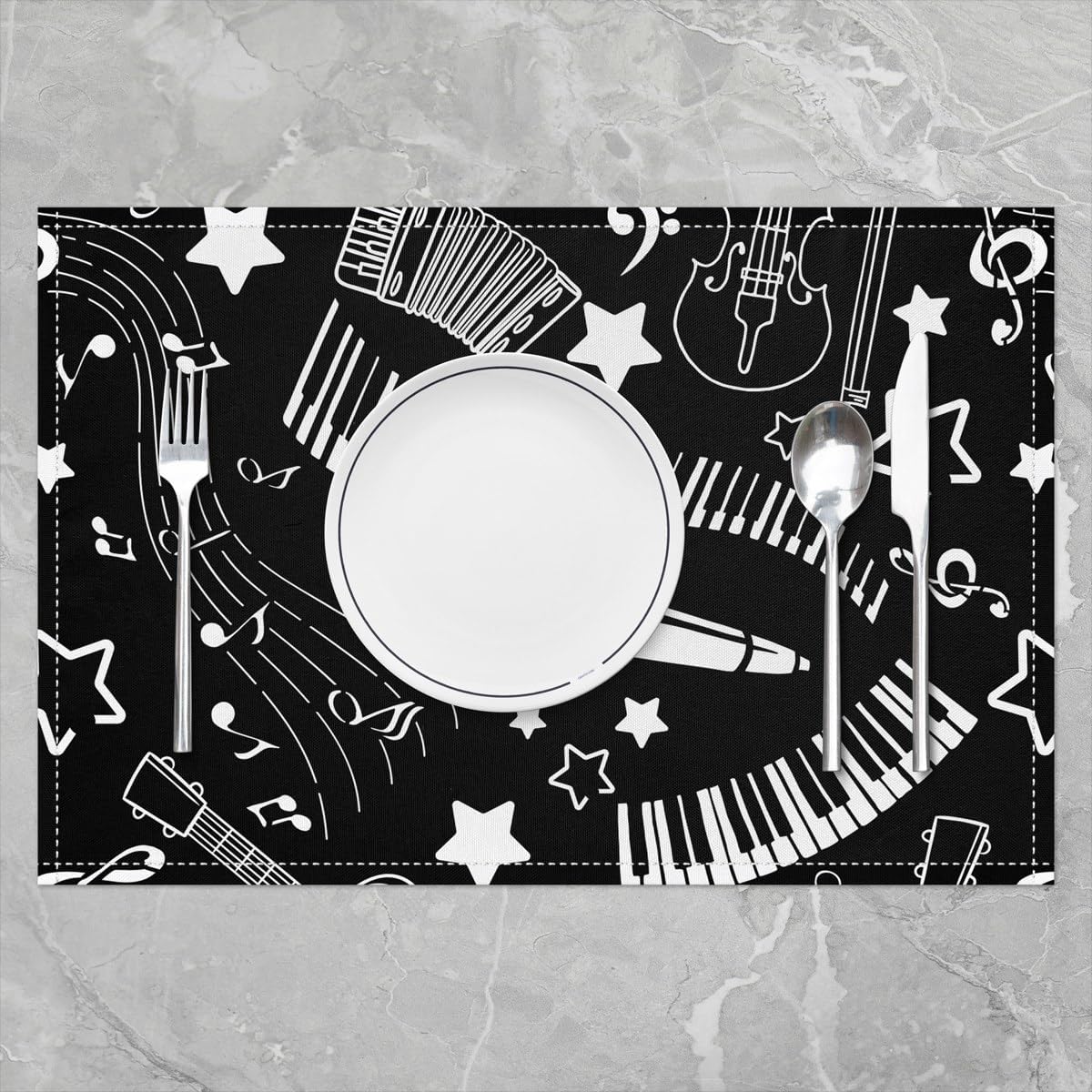 Music Placemats Set of 4,Piano and Guitar Table Mats,Music Singer Lover Placemat for Kitchen Dining Table Modern Black White Dining Table Decor,18"x12" image 2