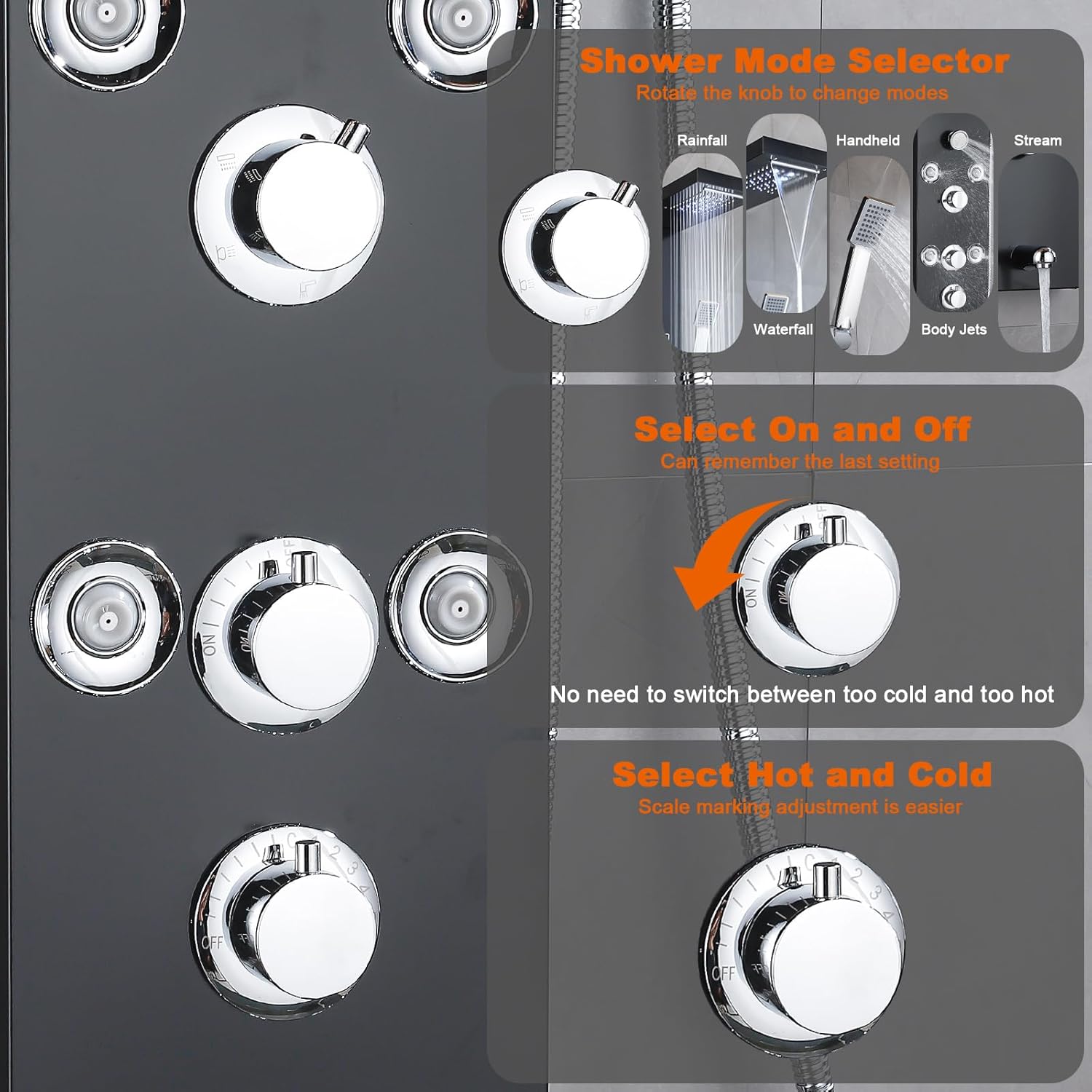 Rainfall Shower Tower System, 304 Stainless Steel Matte Black with Handheld Massage Body Jets, LCD Temperature Display Wall-Mounted All-in-One Bathroom Spa Upgrade (12"x8"x47")