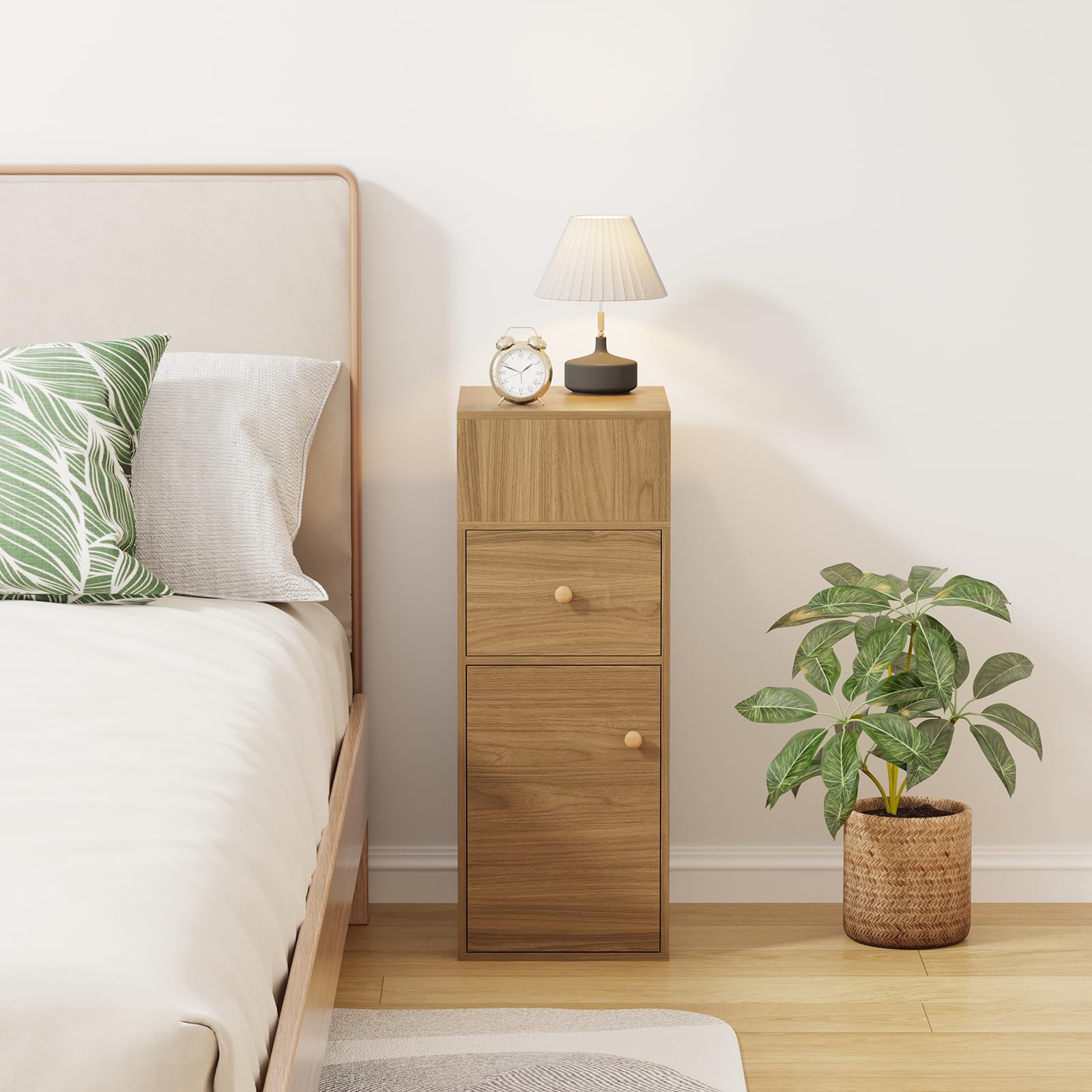 Pantanal Slim Bedroom Nightstand Bedside Table Cabinet with Drawers Storage Shelf, Narrow Living Room Sofa Side Table for Small Corner Space (drawer and door walnut) — image 1