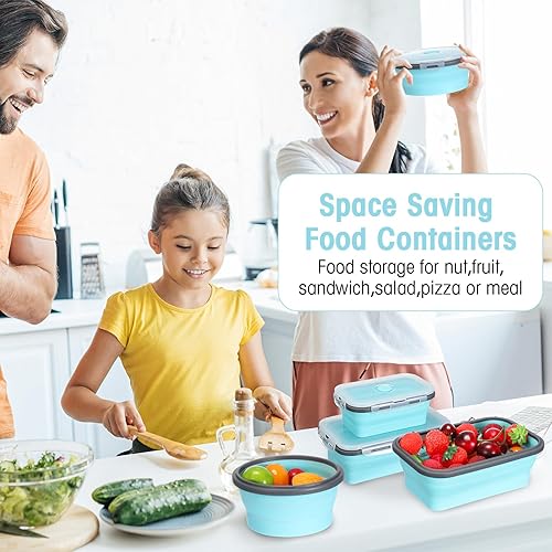 Miniatura 6 de Yaomiao Paquete de 16 Contenedores Plegables de Almacenamiento de Alimentos con Tapa Plegables, 8 Piezas de Tazones de Almacenamiento Rectangulares