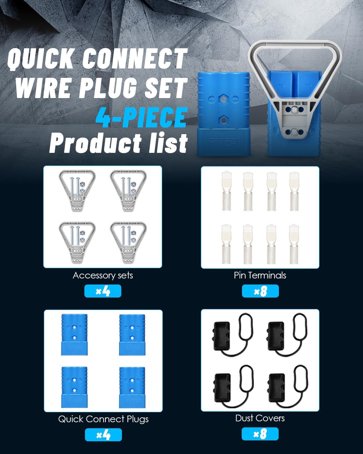 Kit 350 Amp 4Pcs Connectors Plugs 350A Quick Connect Disconnect 600 V+ 4 Pcs 350 amp Handle Battery Power Connector+4 Pcs Cover Dust (350A Blue 4Pcs 2/0AWG)