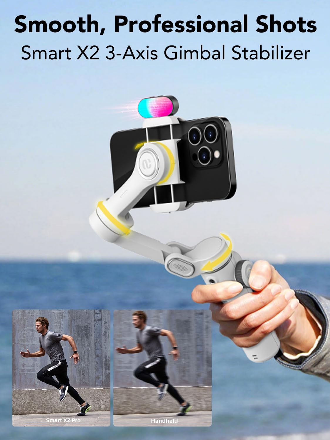 AOCHUAN Smart X2 Stabilizzatore cardanico per smartphone a 3 assi con luce di riempimento RGB, asta di prolunga integrata, cardano con schermo OLED per registrazione video su iPhone, X2 KIT bianco