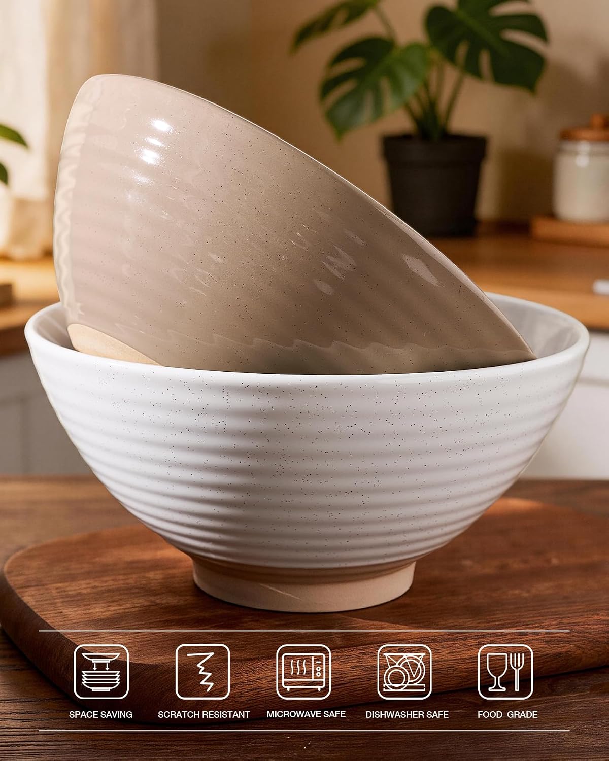 famiware Milkyway 54 oz Large Ramen Bowls Set of 2, White & Cinnamon Brown image 4