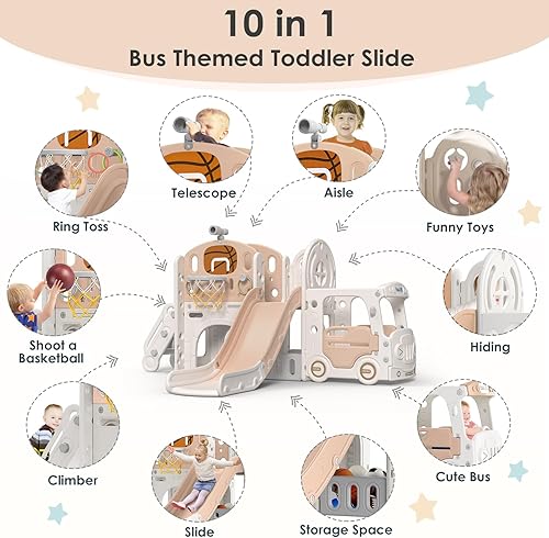 Miniatura 2 de BIERUM Tobogán 10 en 1 para niños pequeños, tobogán para bebés de 1 a 3 años con lanzamiento de anillo, aro de baloncesto y casa de juegos en