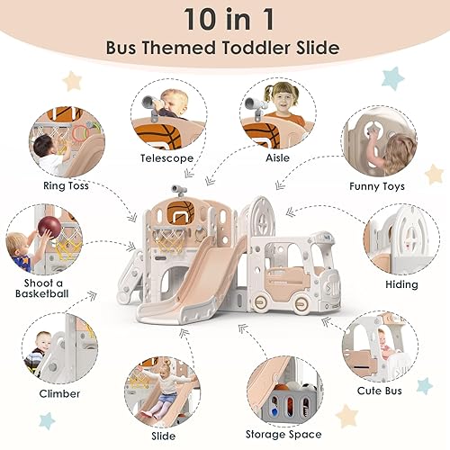 Miniatura 2 de BIERUM Juego de toboganes 10 en 1 para niños pequeños de 1 a 3 años con lanzamiento de anillo, aro de baloncesto y casa de juegos de autobús, juego
