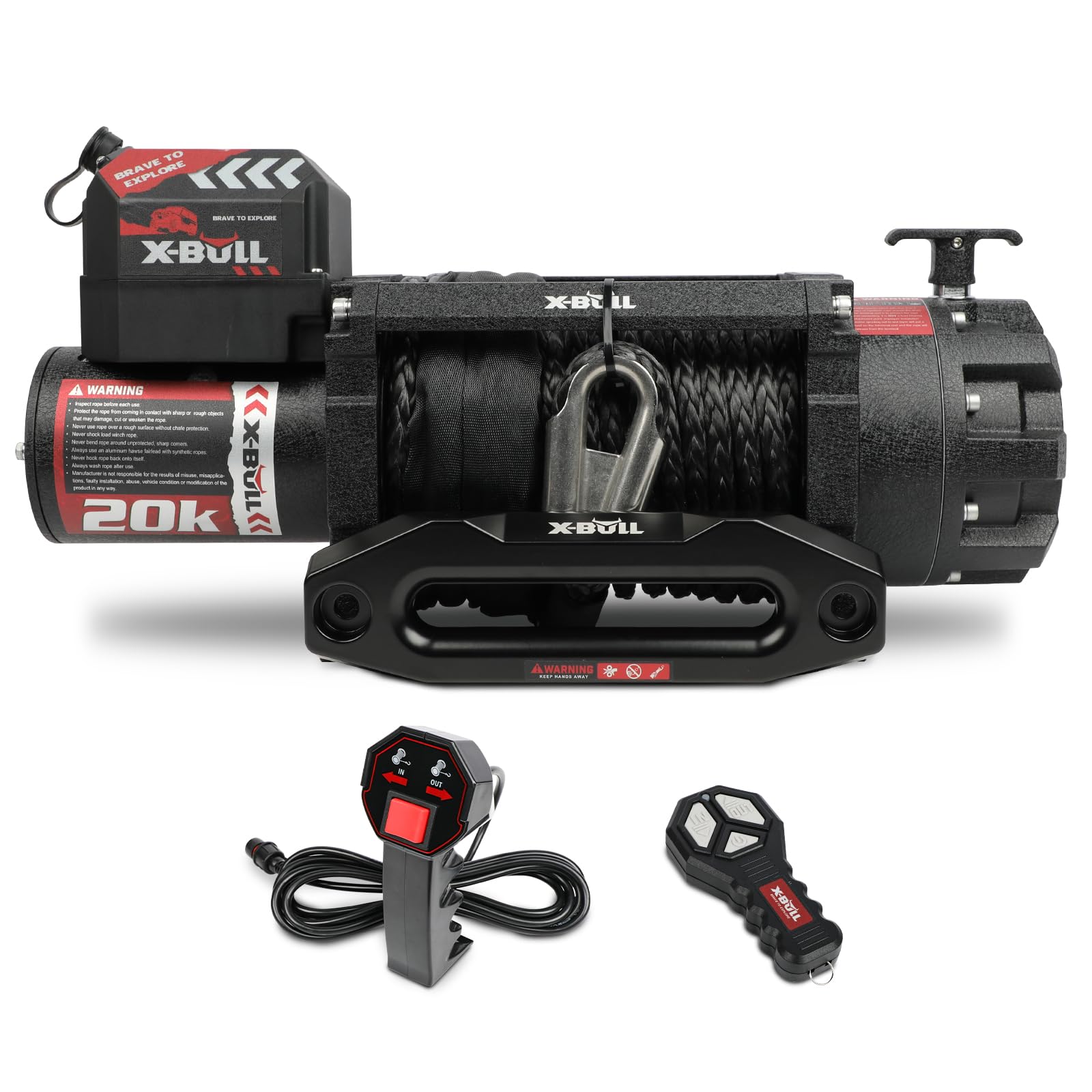 X-BULL Winch-20000 lb. Load Capacity Electric Winch Kit 12V Synthetic Rope,Waterproof IP68 Electric Winch with Hawse Fairlead, with Wireless Handheld Remote and Corded Control Recovery