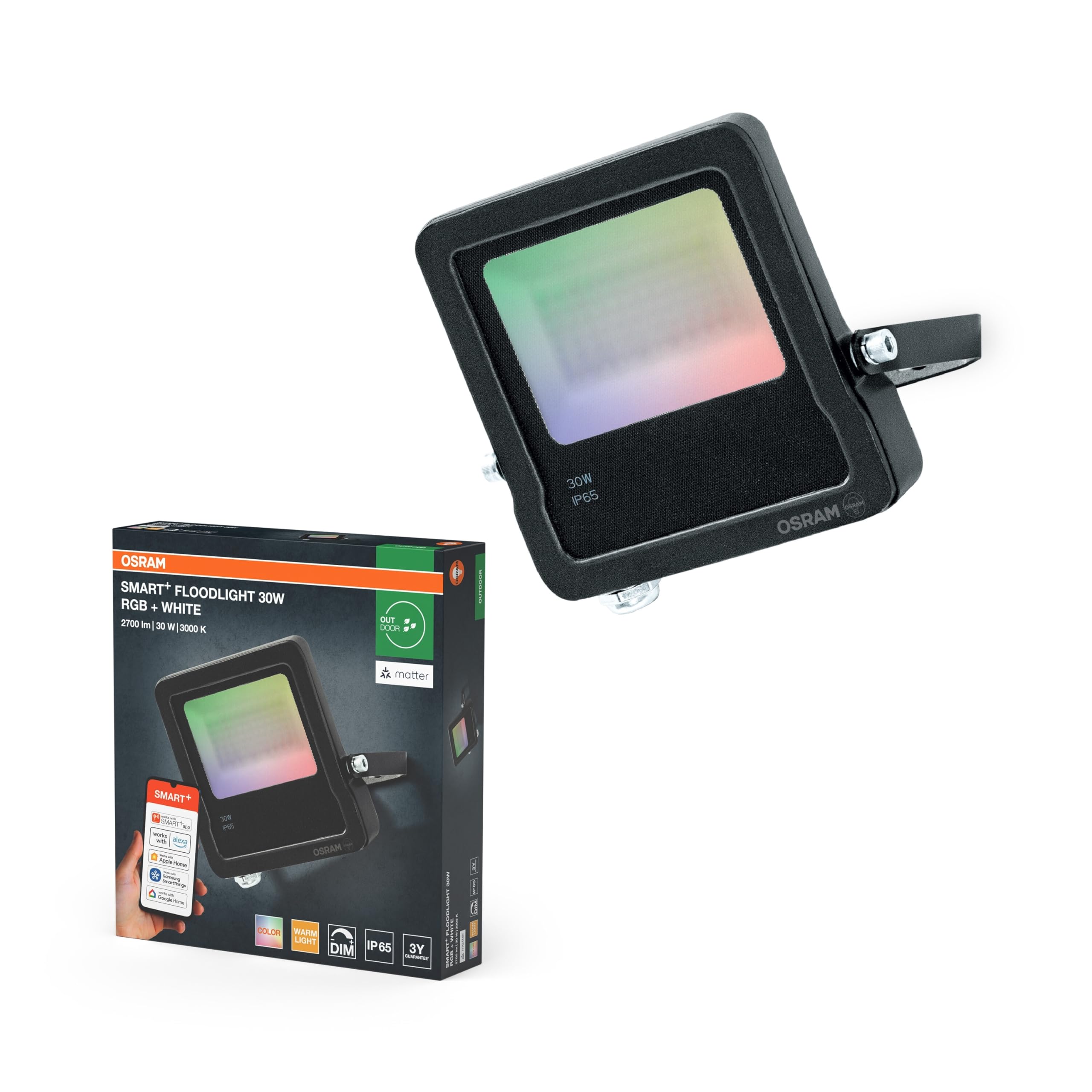 OSRAM SMART+ Matter Faretto LED, 20W, 1600lm, RGBW 16 milioni di colori, 3000K, WiFi, Matter, Alexa/Google, IP65